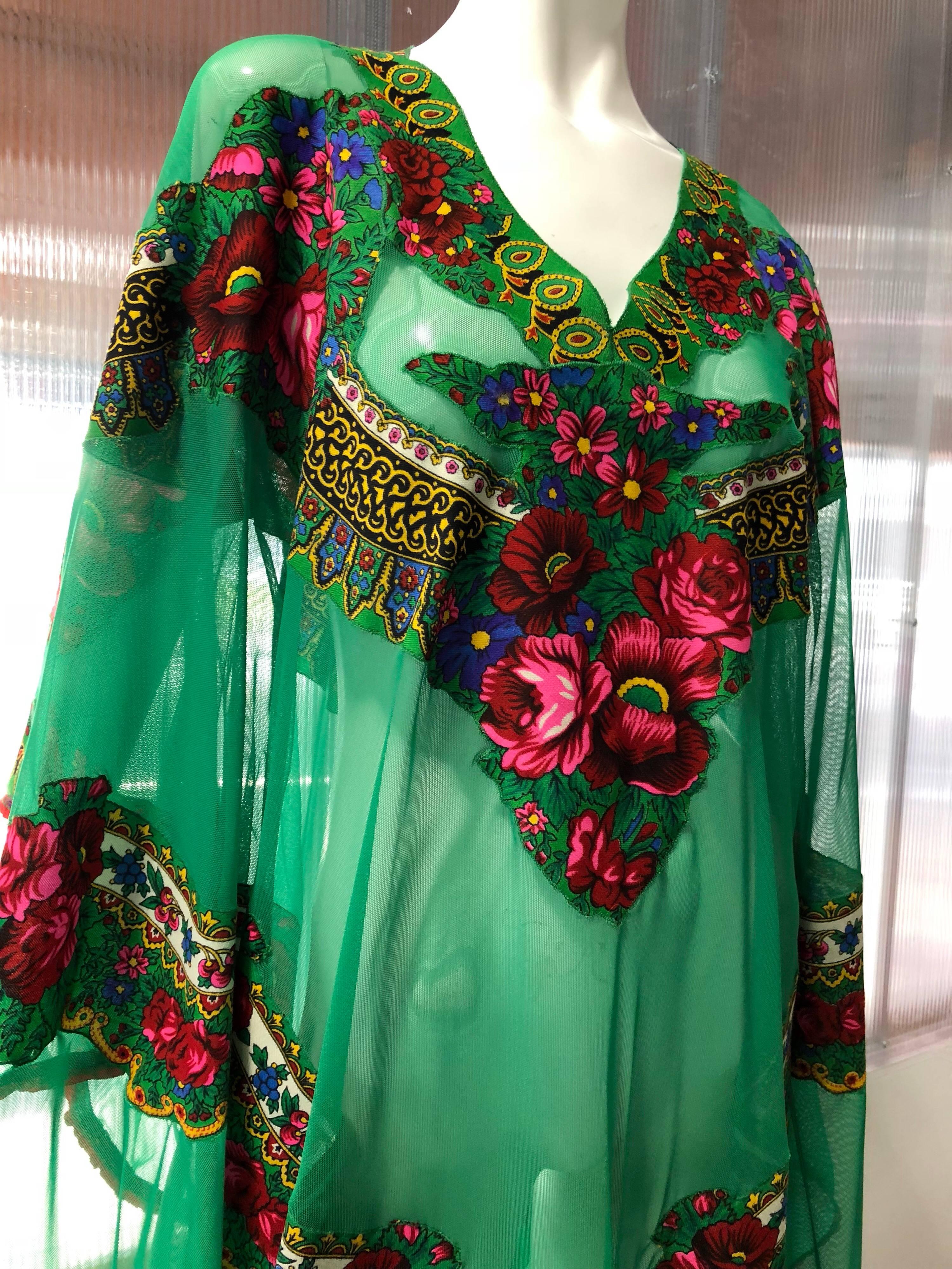 Russian Gypsy Floral Applique Emerald Green Net Caftan W/ Floral Ribbon Trim 1