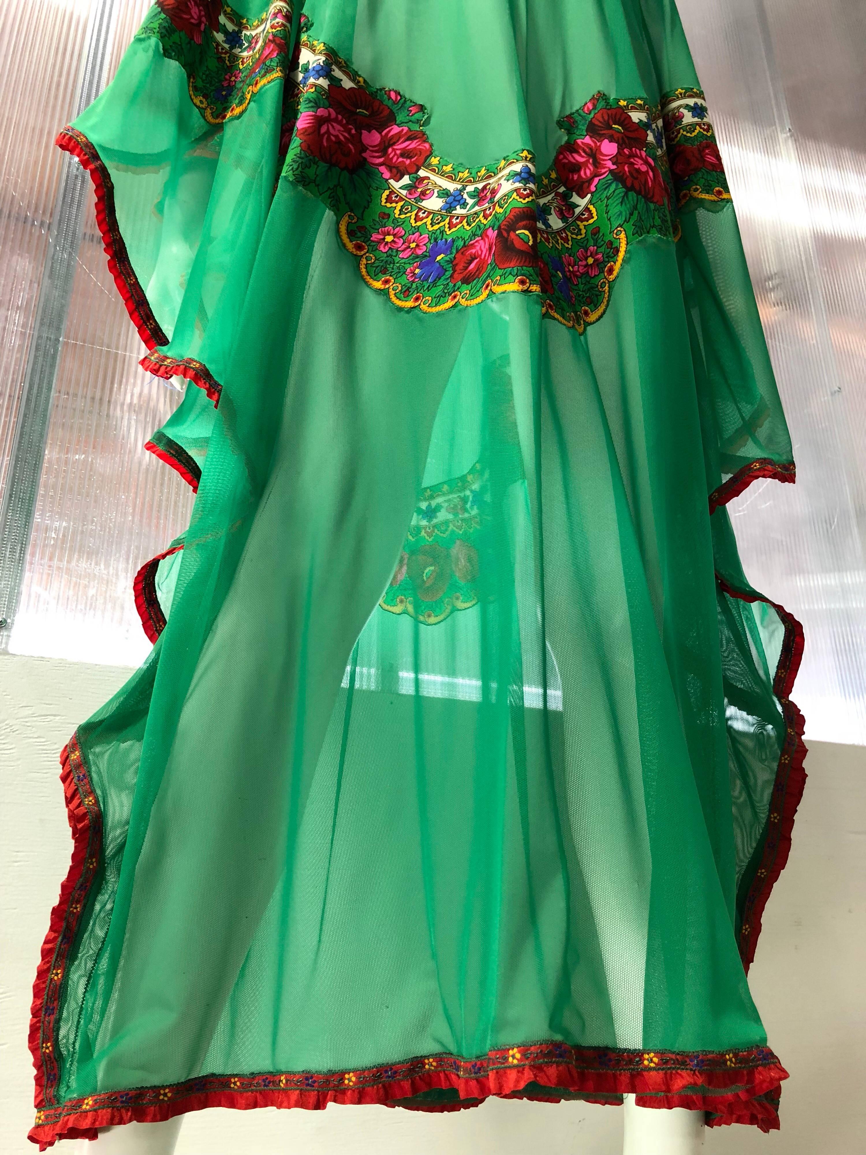 Russian Gypsy Floral Applique Emerald Green Net Caftan W/ Floral Ribbon Trim 2