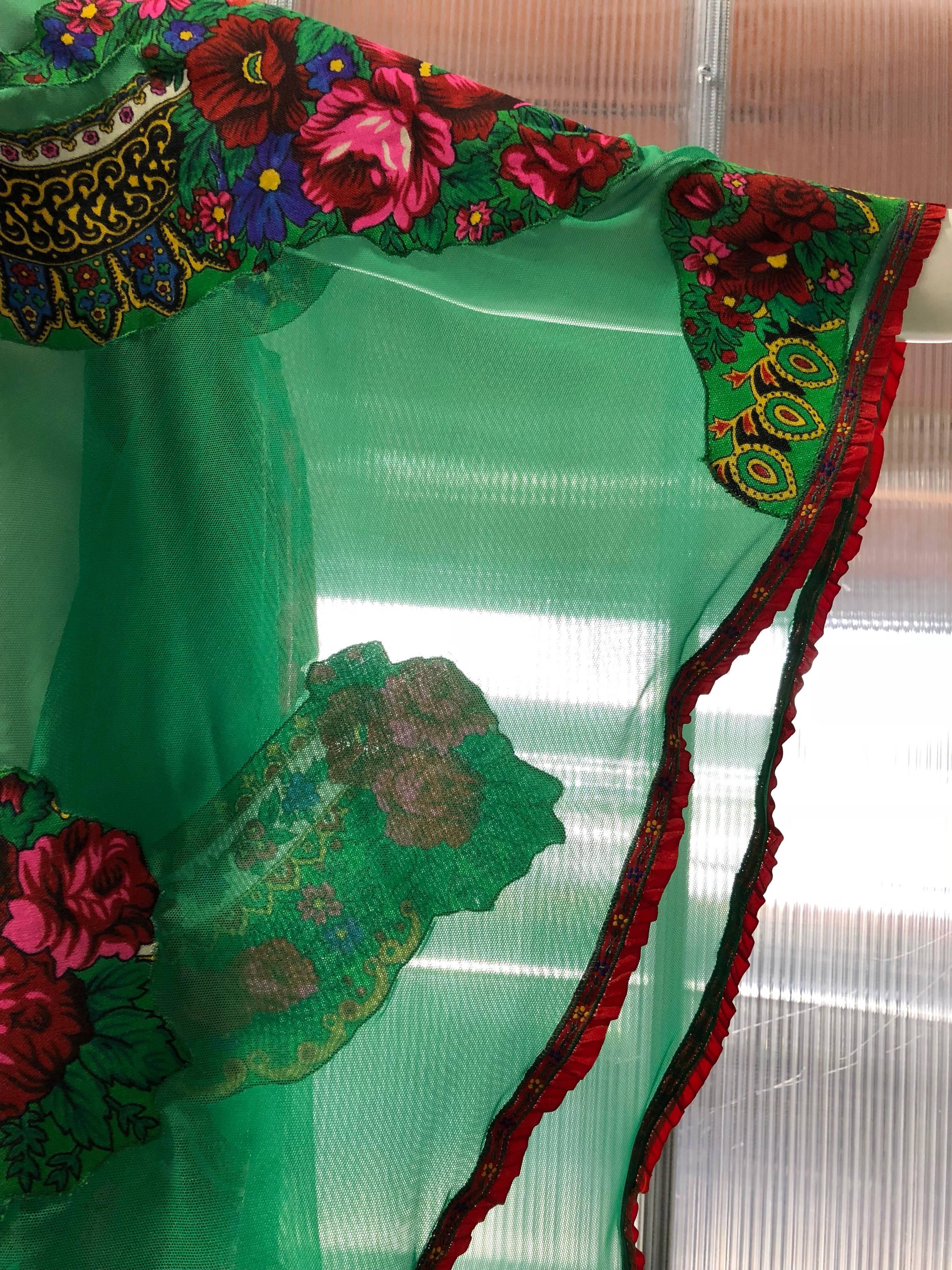 Russian Gypsy Floral Applique Emerald Green Net Caftan W/ Floral Ribbon Trim 3