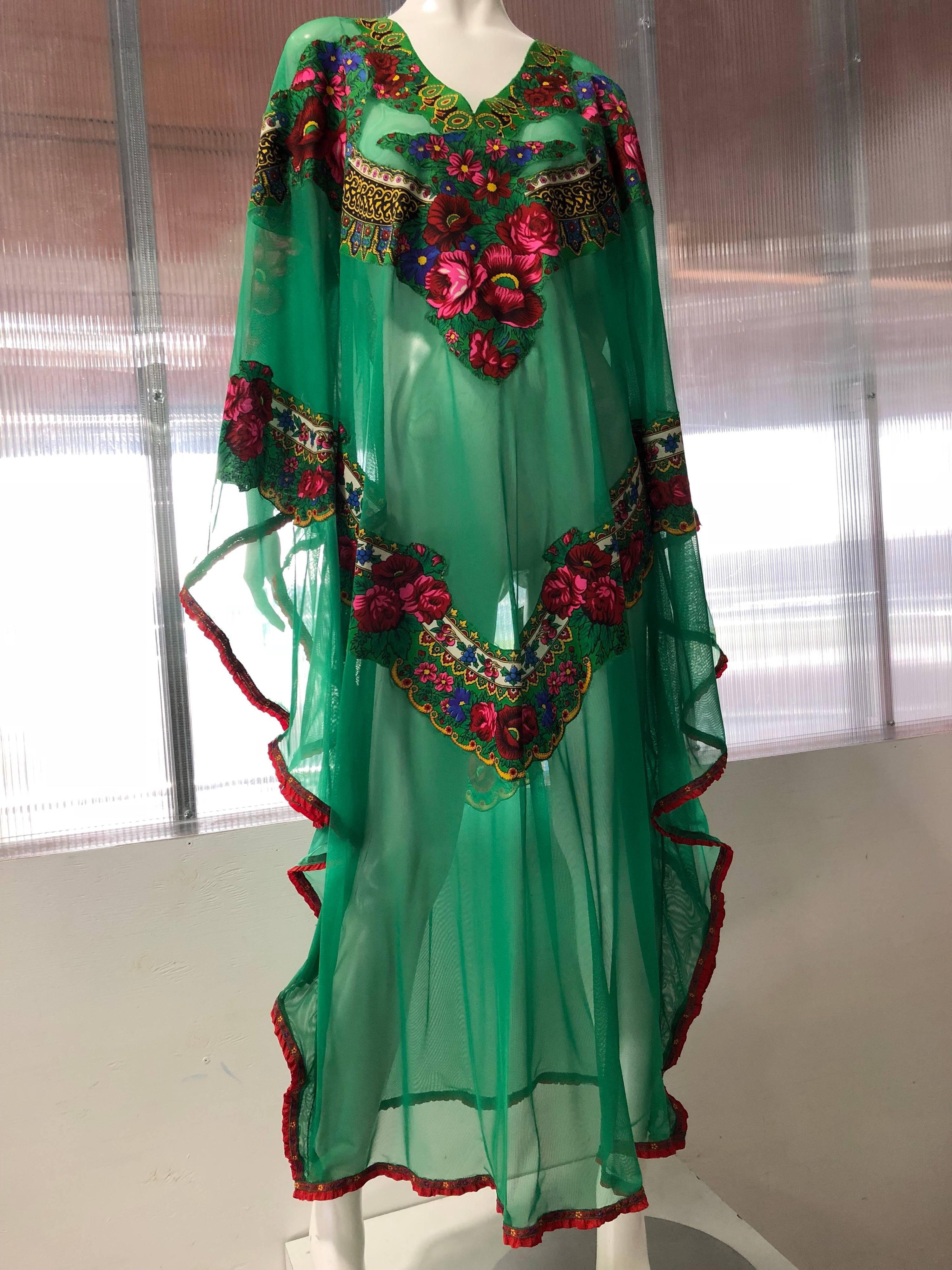 Russian Gypsy Floral Applique Emerald Green Net Caftan W/ Floral Ribbon Trim 4