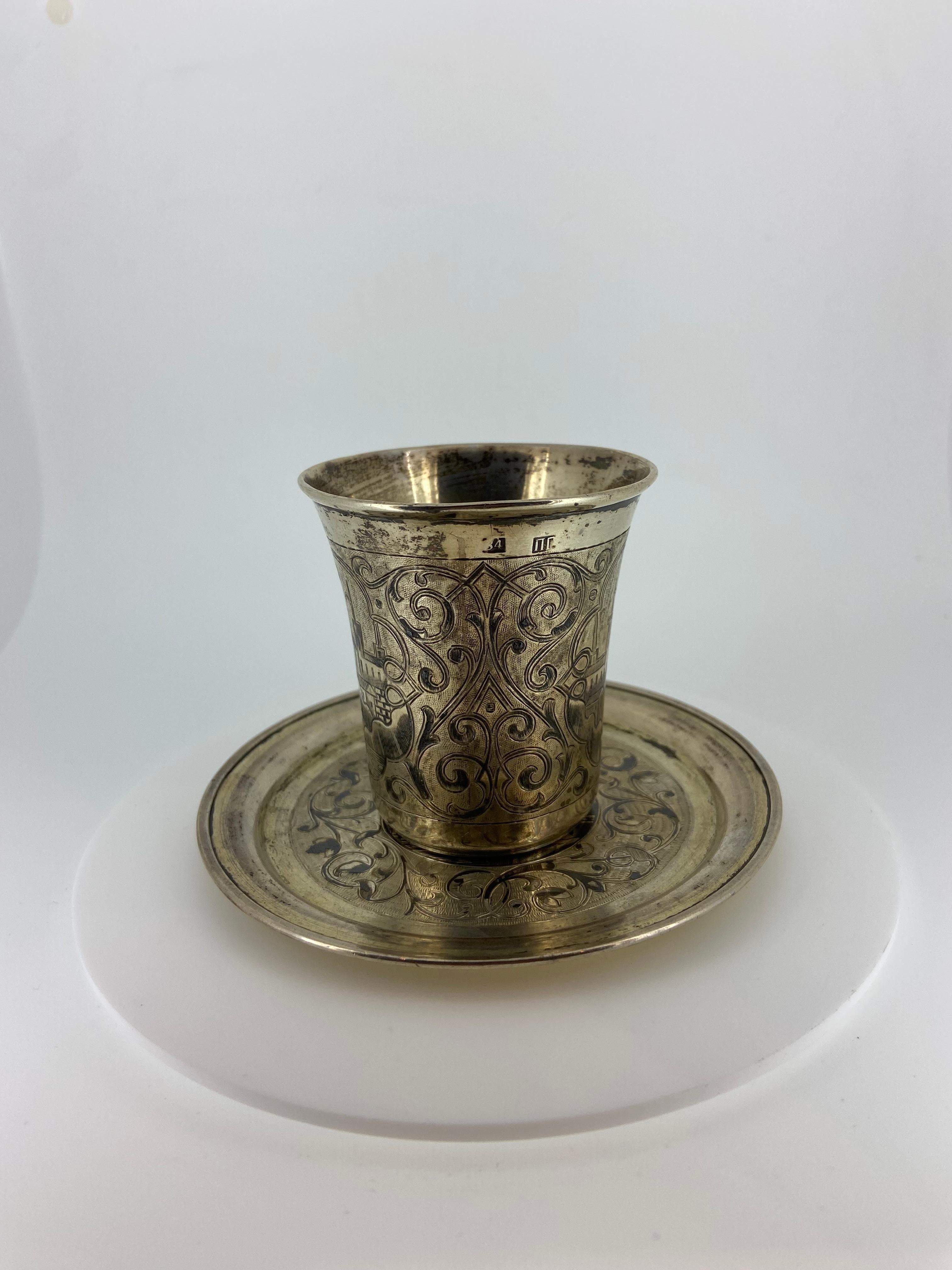 Russian Hallmarked Niello Silver Set: Beaker Cup & Saucer, Moscow, c1860's. For Sale 4