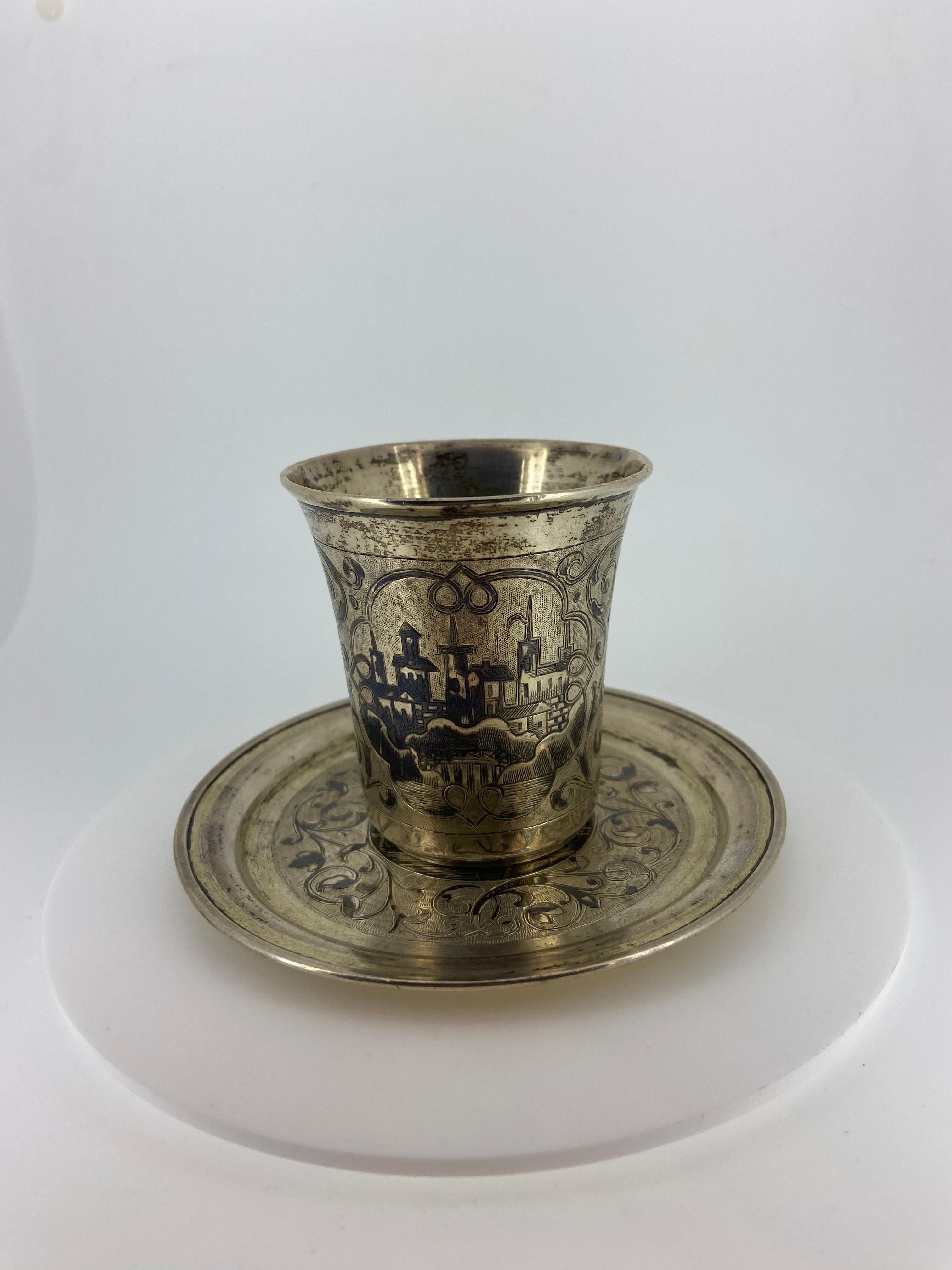 Russian Hallmarked Niello Silver Set: Beaker Cup & Saucer, Moscow, c1860's. For Sale