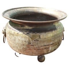 Russian Hand Hammered Brass Two Handle Footed Jardiniere Planter with Lion Heads