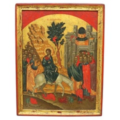 Russian Hand Painted & Gilt Icon Of Jesus Entering Jerusalem The Bearer Of Palms