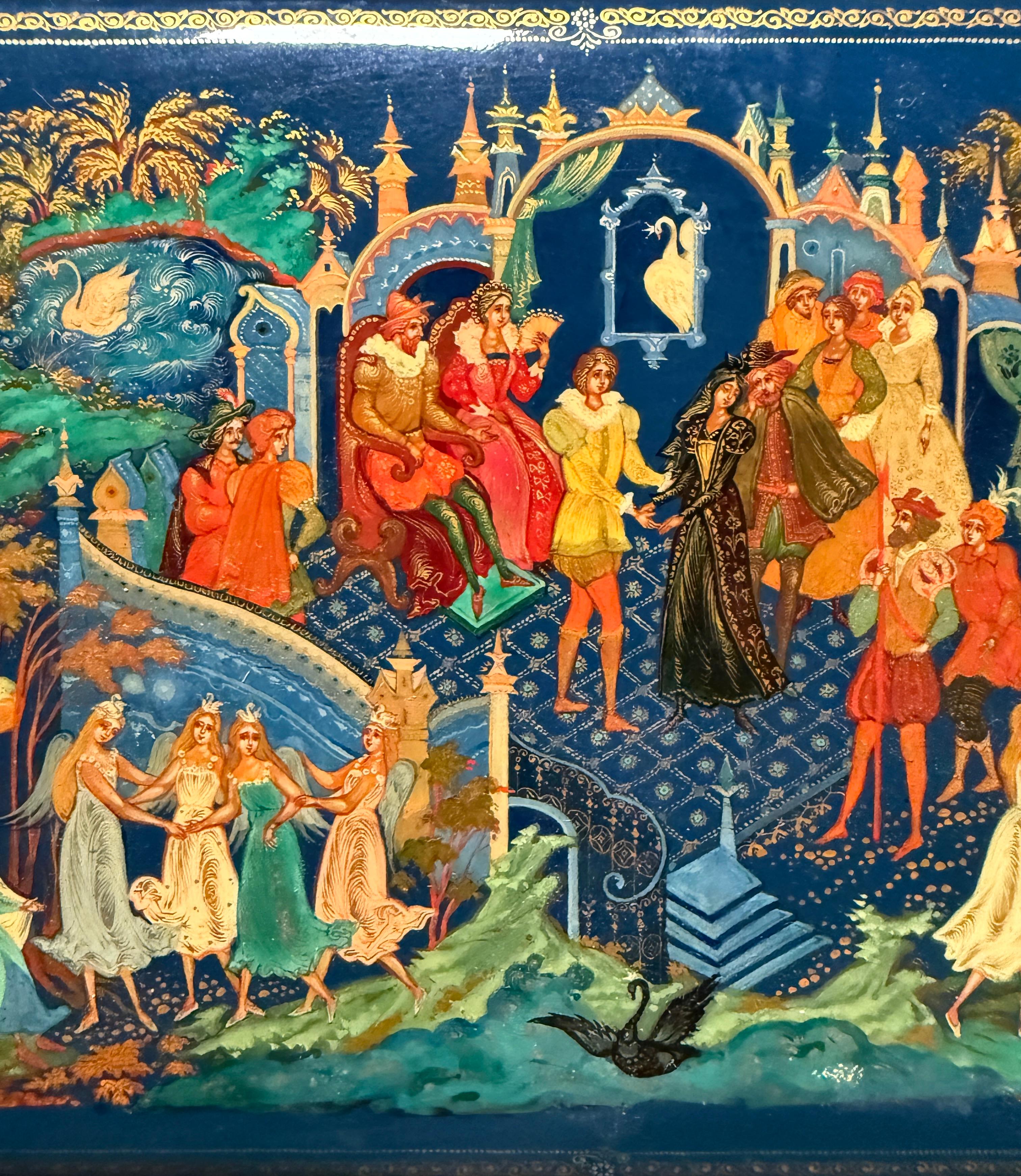 Gilt Russian Hand-Painted Lacquer Box – Swan Lake Scene For Sale