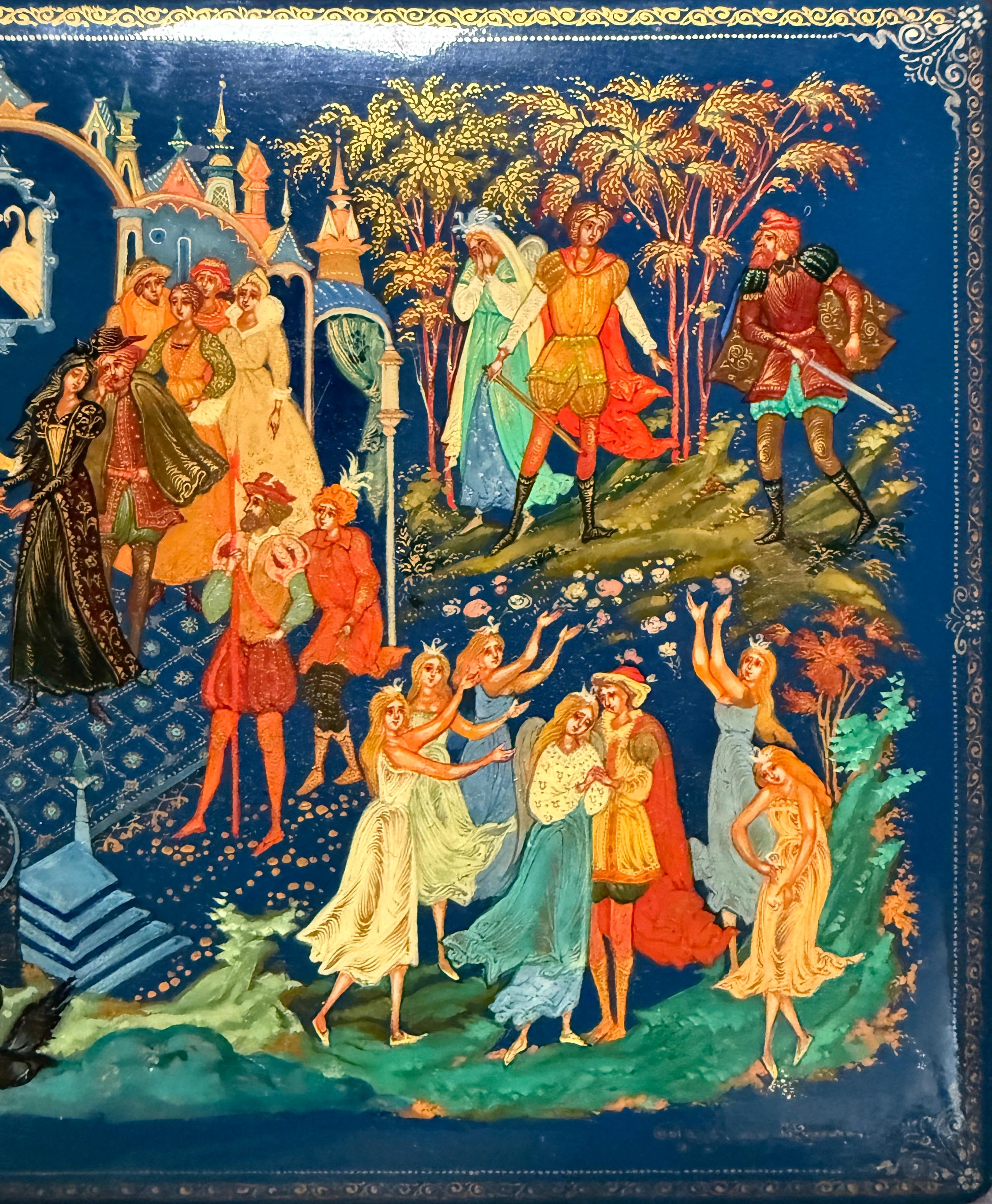 Russian Hand-Painted Lacquer Box – Swan Lake Scene In Good Condition For Sale In Norwood, NJ