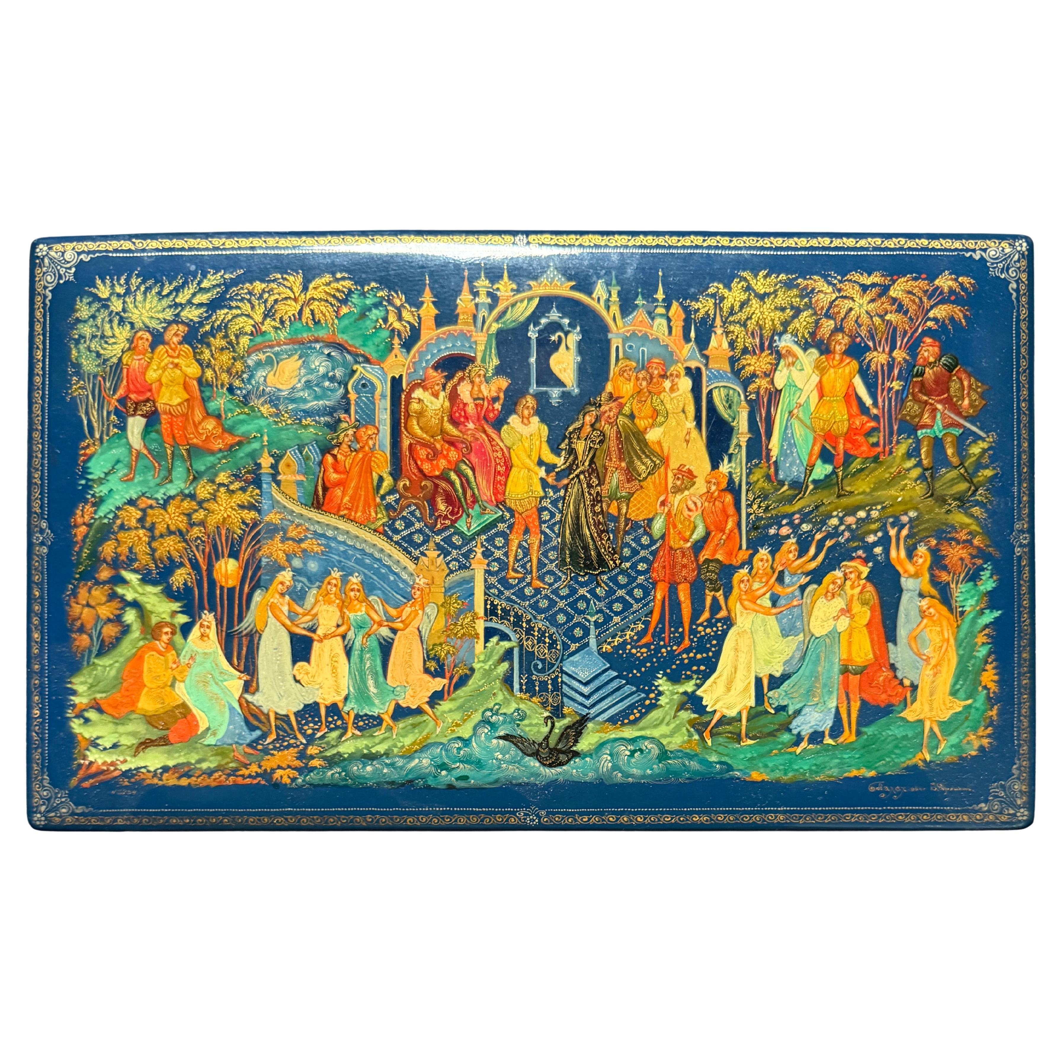 Russian Hand-Painted Lacquer Box – Swan Lake Scene For Sale