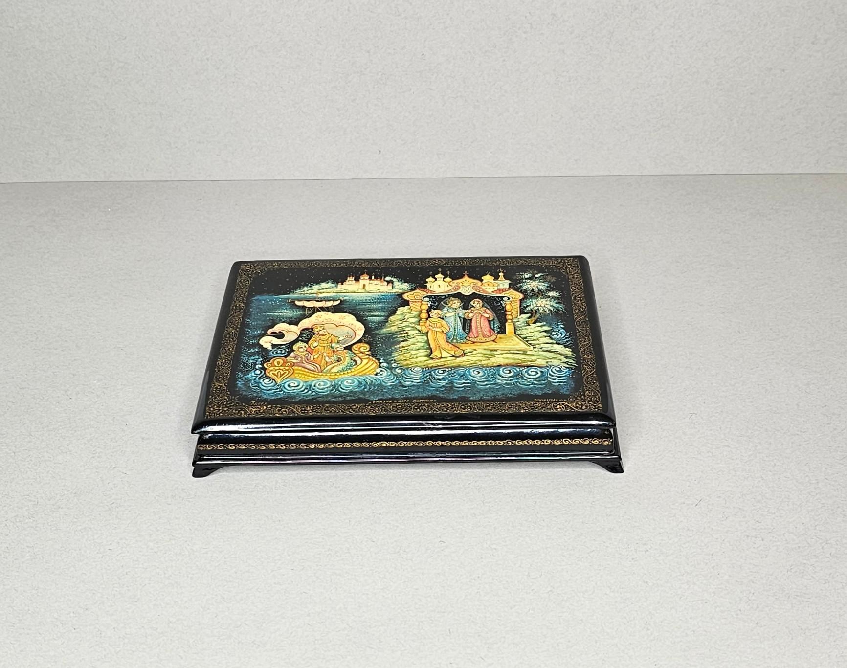 Gilt Russian Hand Painted Lacquerware Palekh Miniature Table Box  For Sale