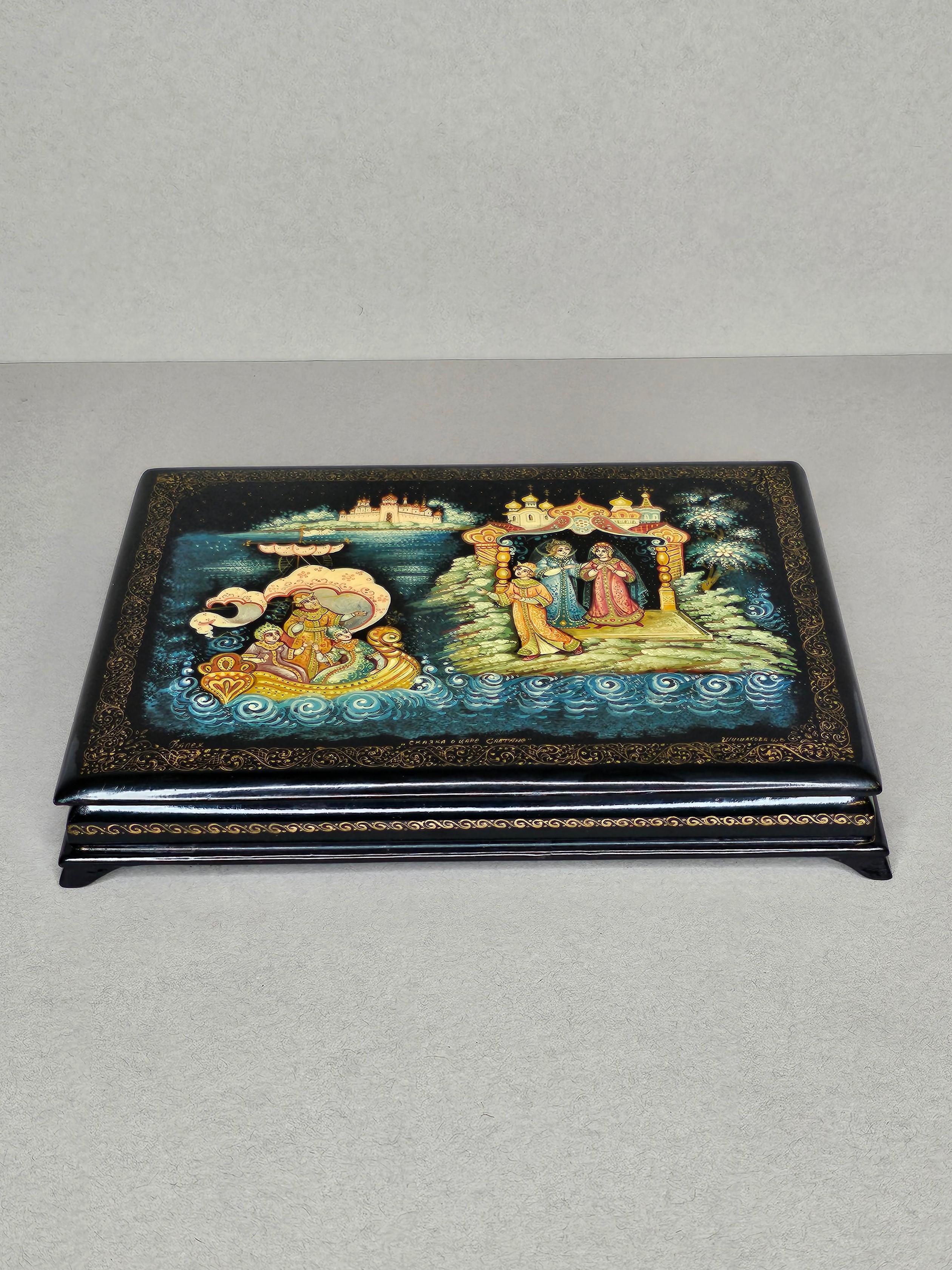 Russian Hand Painted Lacquerware Palekh Miniature Table Box  In Good Condition For Sale In Forney, TX