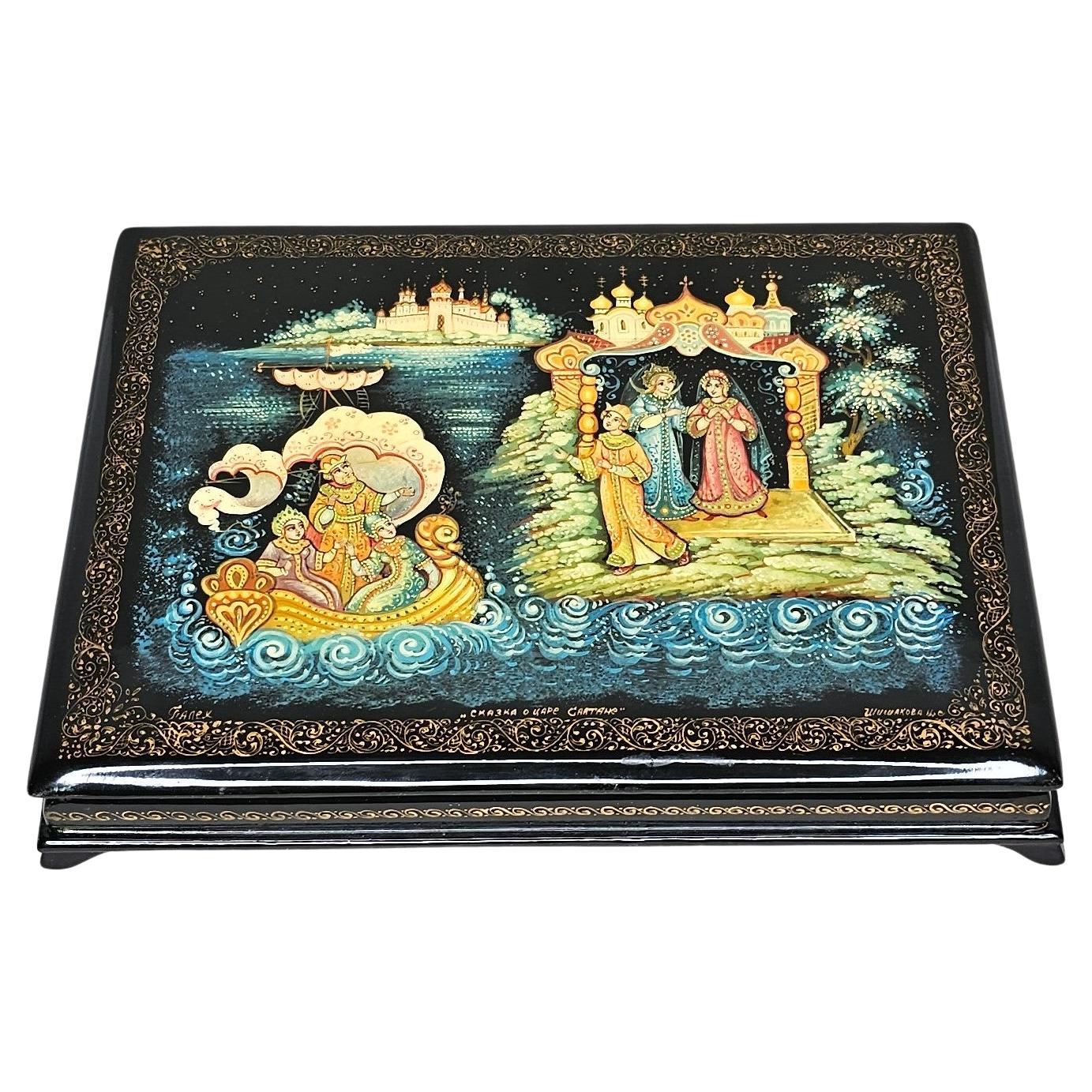 Russian Hand Painted Lacquerware Palekh Miniature Table Box  For Sale