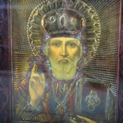 Russian Hand Painted St. Nicholas Icon In Brass Overlay & Shadowbox c1920