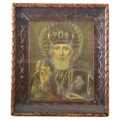 Russian Hand Painted St. Nicholas Icon In Brass Overlay & Shadowbox c1920