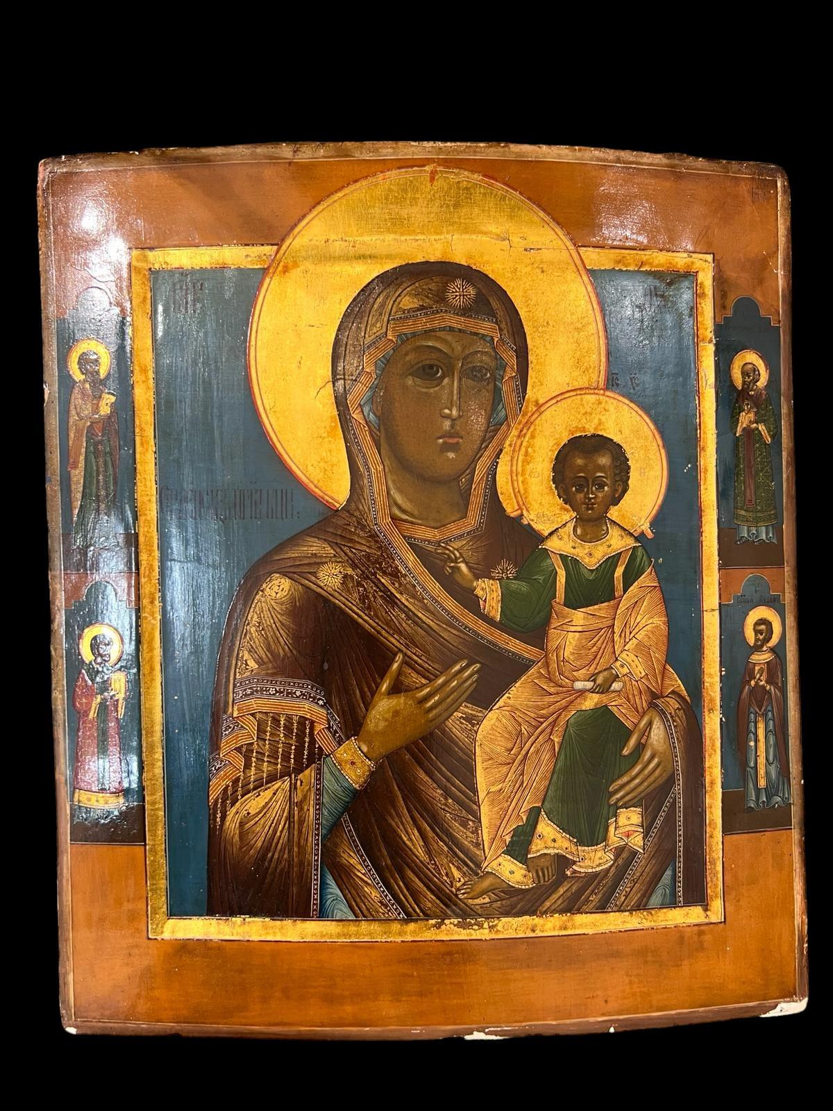 This beautiful orthodox icon from the mid-19th century in Russia depicts the Mother of God Tikhvinskaia. It originates from the town of Kineshma, 335 kilometres northeast of Moscow.

According to legend, an icon of the Virgin Mary and Jesus appeared