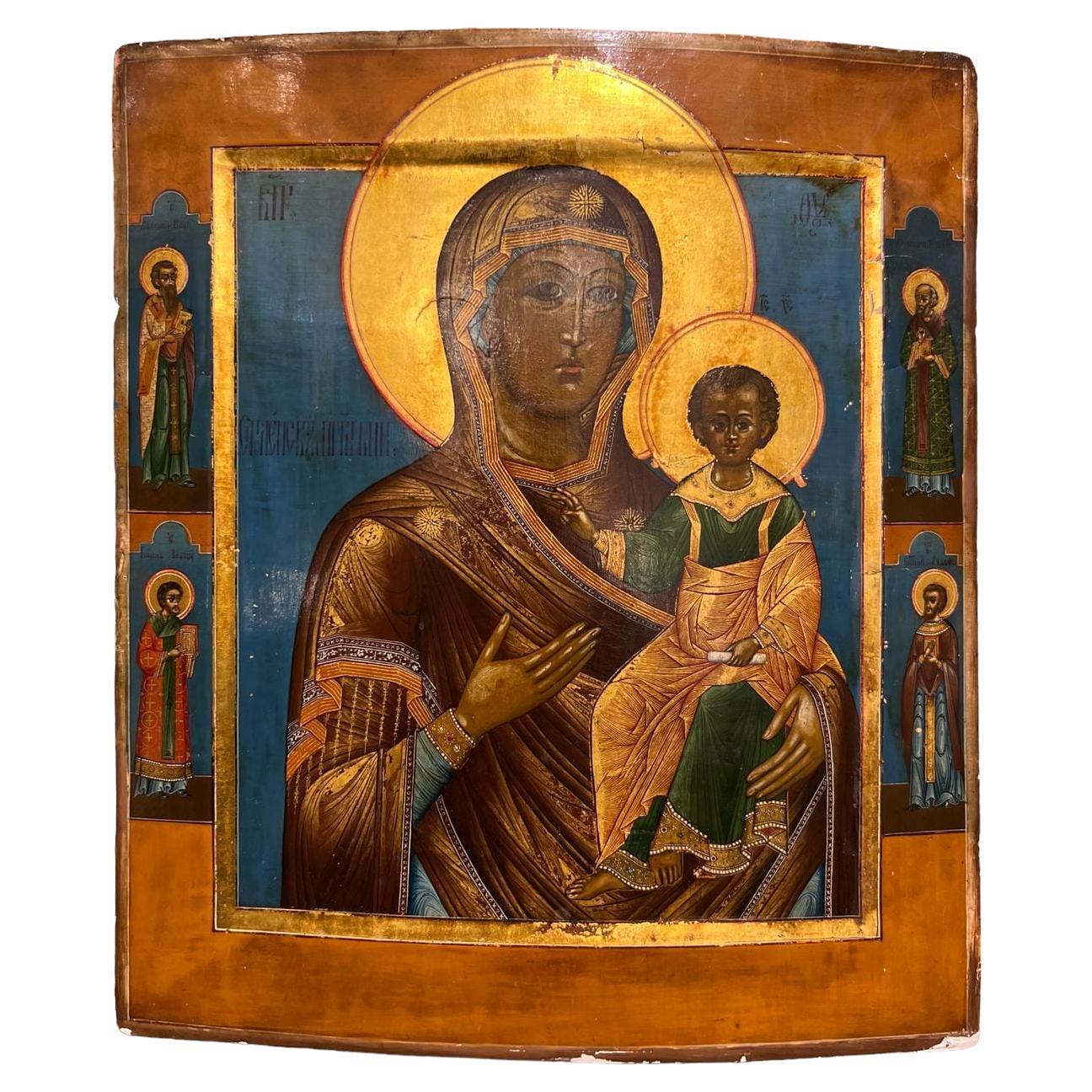 Russische Ikone der Darstellung der Mutter Gottes „Tikhvinskaia“, Mitte des 19. Jahrhunderts im Angebot
