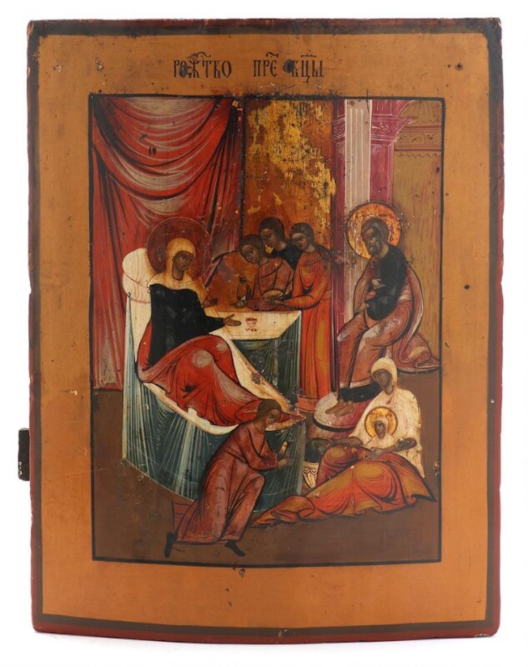 Hand-Painted Russian Icon Depicting the Birth of the Virgin Mary, 19th Century