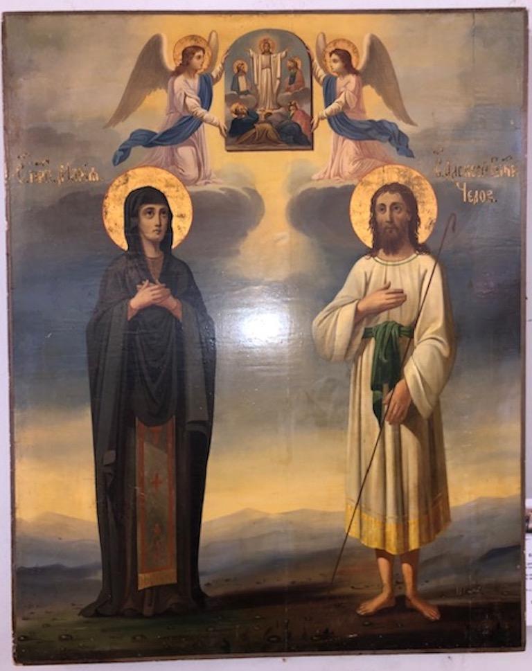 Russian icon
 Early 20th century

Oil on gesso, on wood board
Icon is composed out of 6 panels.

 Icon is depicting Alexey - the man of god
and St. Mary of Egypt. 


Measures: 28” H x 22.5” W.
  