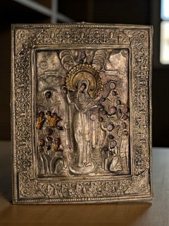 Russian Icon “Mother Of God, Joy Of All Who Sorrow” Brass Oklad on Wood