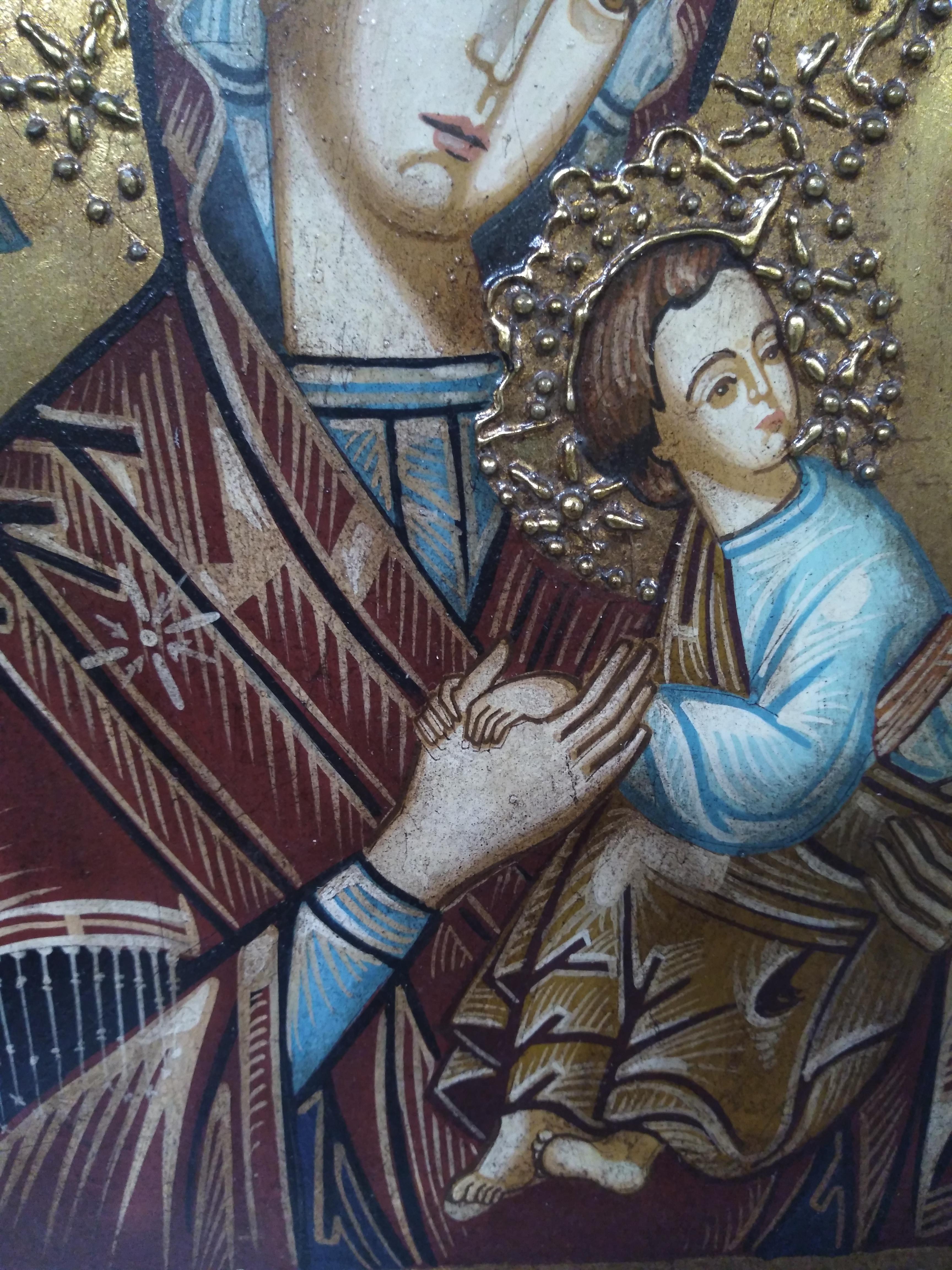 Wood Russian Icon of Madonna and Child For Sale