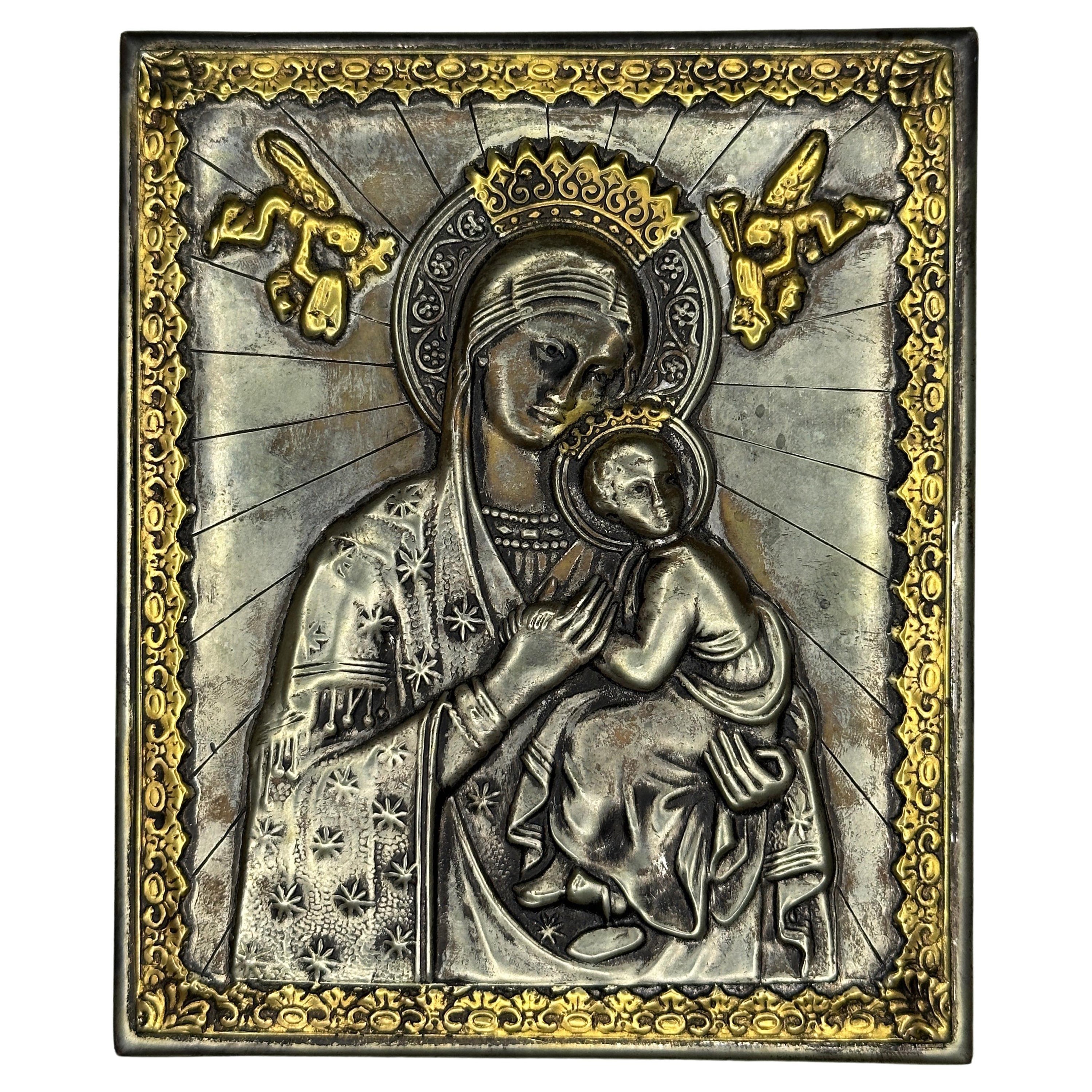 Russian Icon of Madonna and Child in Repoussé Metal, Early 20th Century
