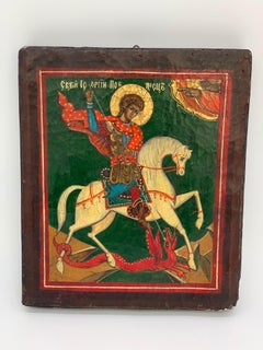 Russian Icon of Saint George Slaying a Dragon on White Horse, 19th Century