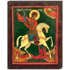 Russische Ikone des Heiligen Georg:: der einen Drachen auf einem weißen Pferd tötet:: 19