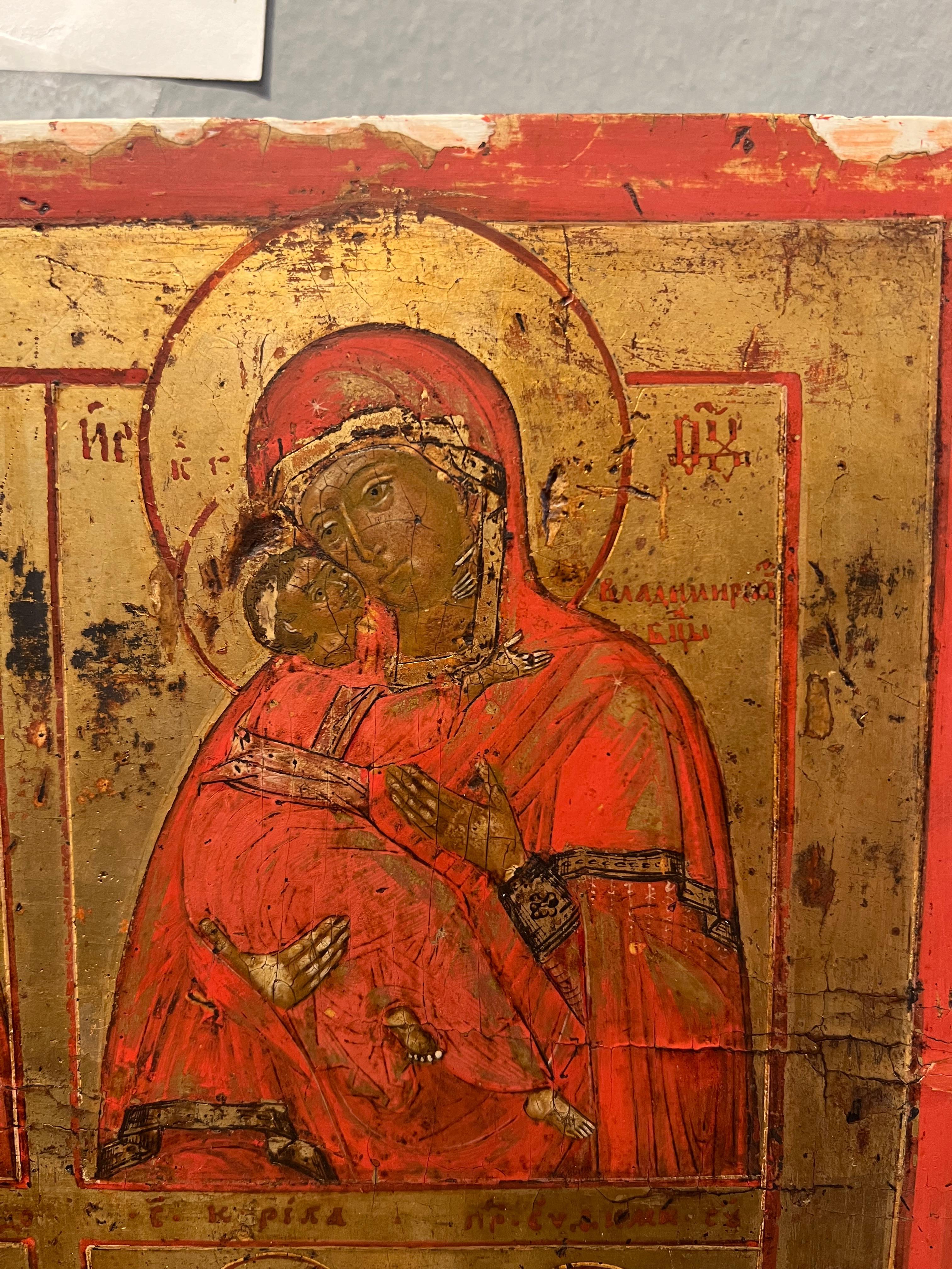 Icono ruso de Smolenskaya, Vladimirskaya Madre de Dios con diferentes Santos Mediados del siglo XIX en venta