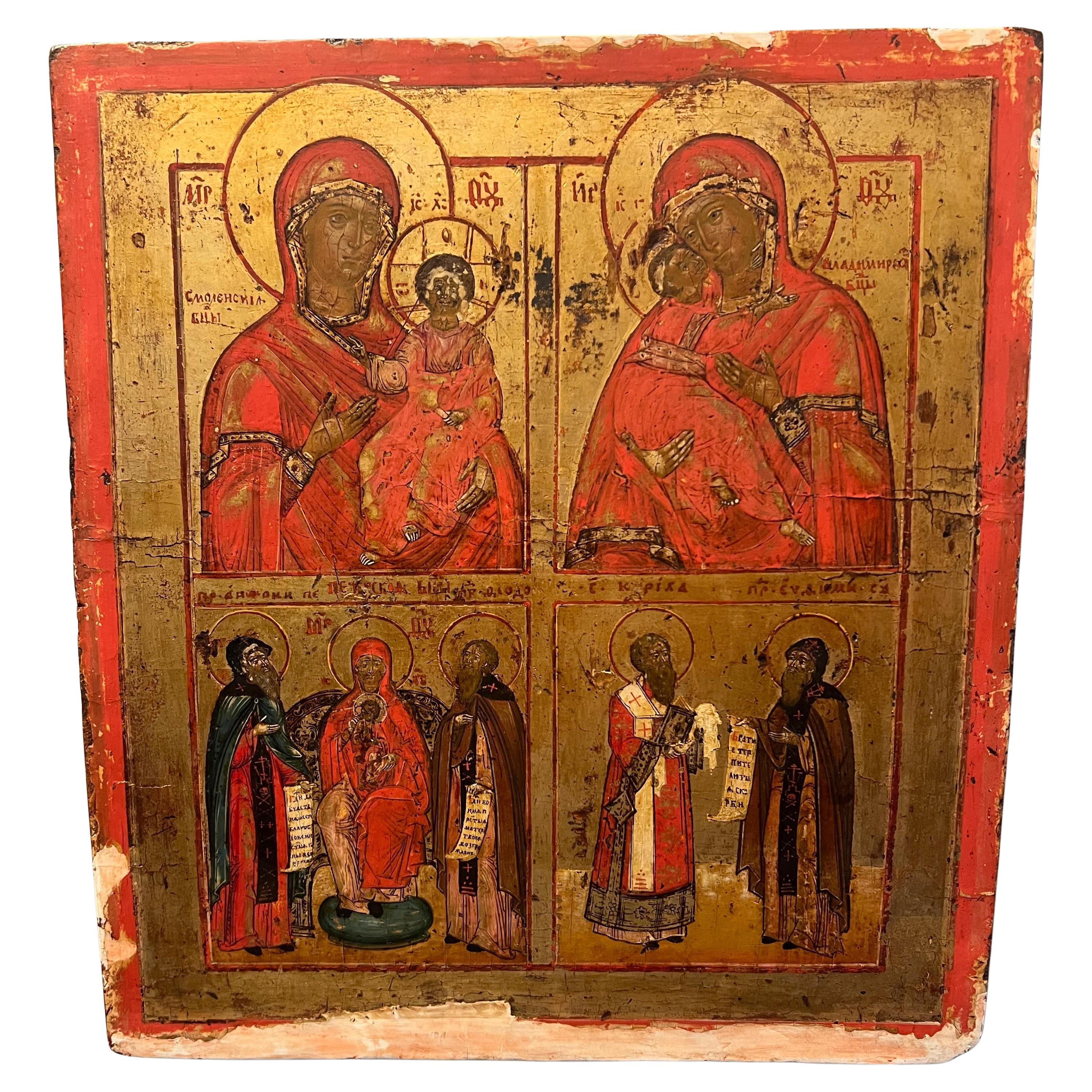 Russian Icon of Smolenskaya, Vladimirskaya Mother of God with different Saints