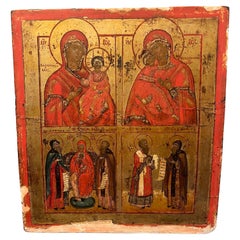 Antique Russian Icon of Smolenskaya, Vladimirskaya Mother of God with different Saints