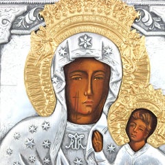 Russian Icon, Oil Portrait of The Virgin Mary with Silver & Gilt Overlay 20thC