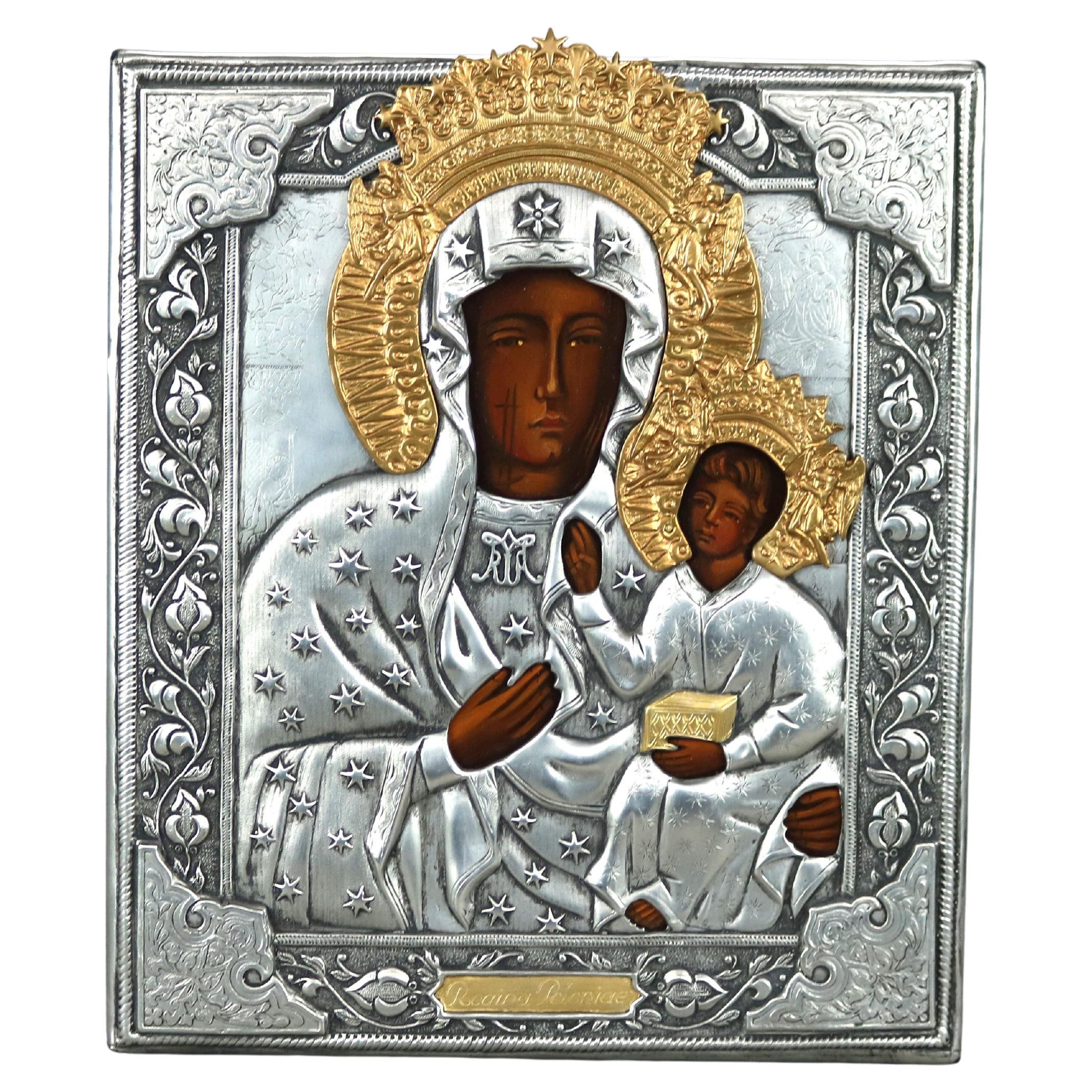 Russian Icon, Oil Portrait of The Virgin Mary with Silver 
Gilt Overlay 20thC
