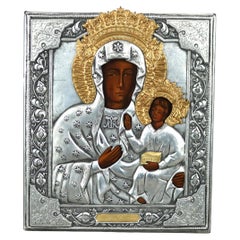 Russian Icon, Oil Portrait of The Virgin Mary with Silver & Gilt Overlay 20thC