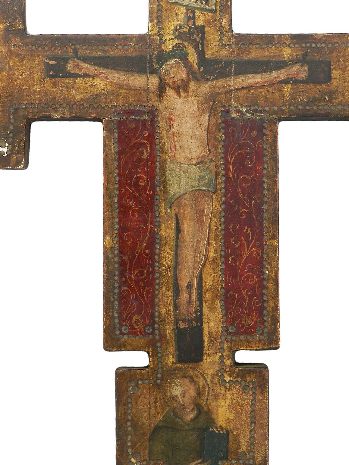 Late 19th century Russian Crucifix flanked by saints Naive painting
Painted on a gessoed canvas mounted on a thick wood board.
Great distressed patina through age with very minor paint losses in places. 


 