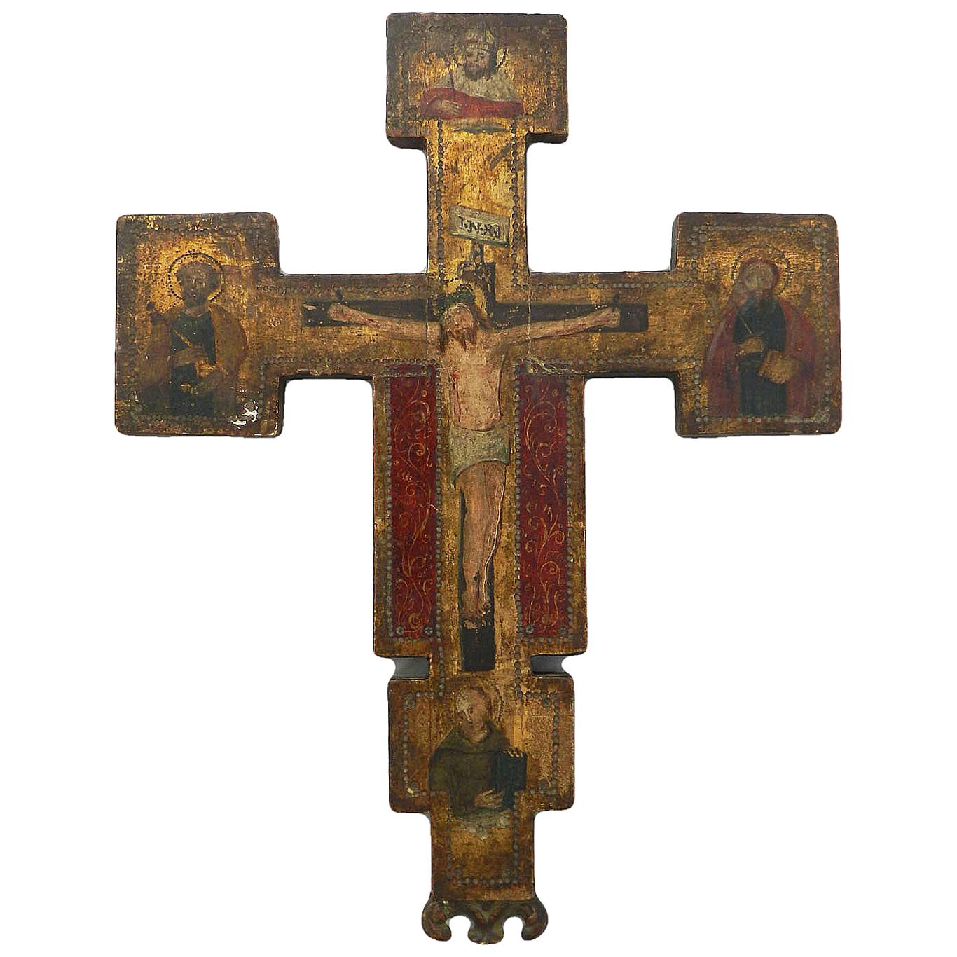 Russian Icon Painted Crucifix  Naive Primitive, Late 19th Century
