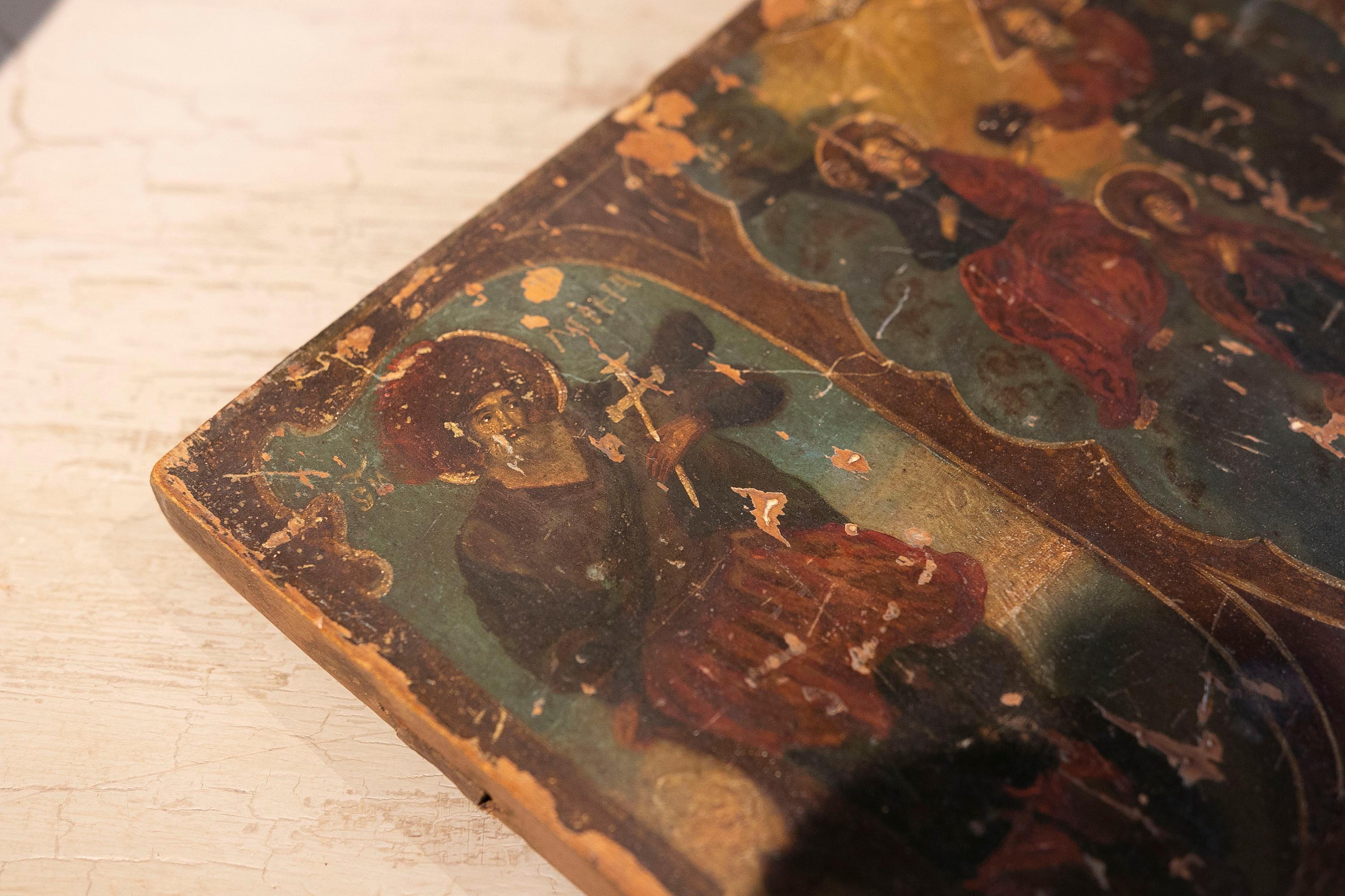 Icon russe peint sur bois avec des scènes religieuses russes en vente 8