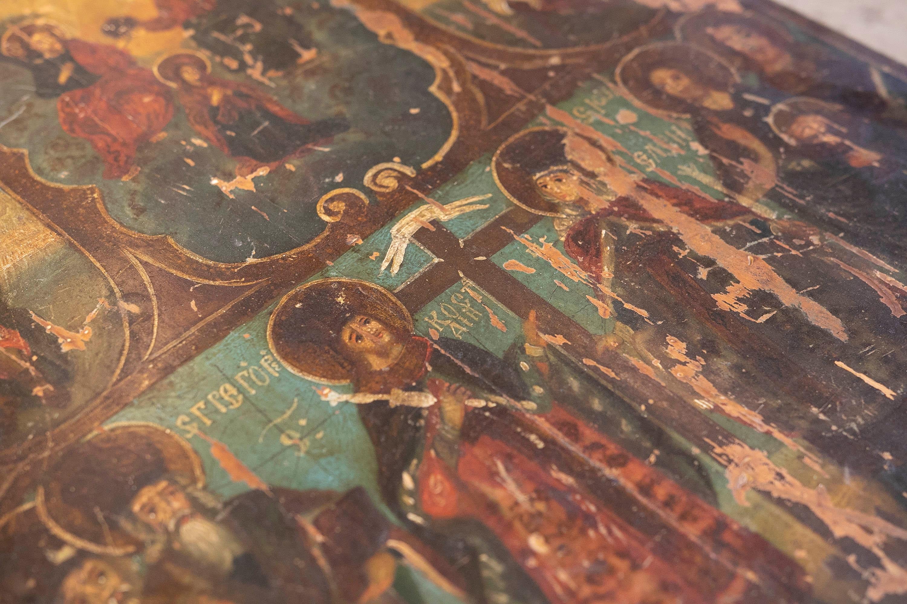 Russian Icon Painted on Wood with Russian Religious Scenes For Sale 11