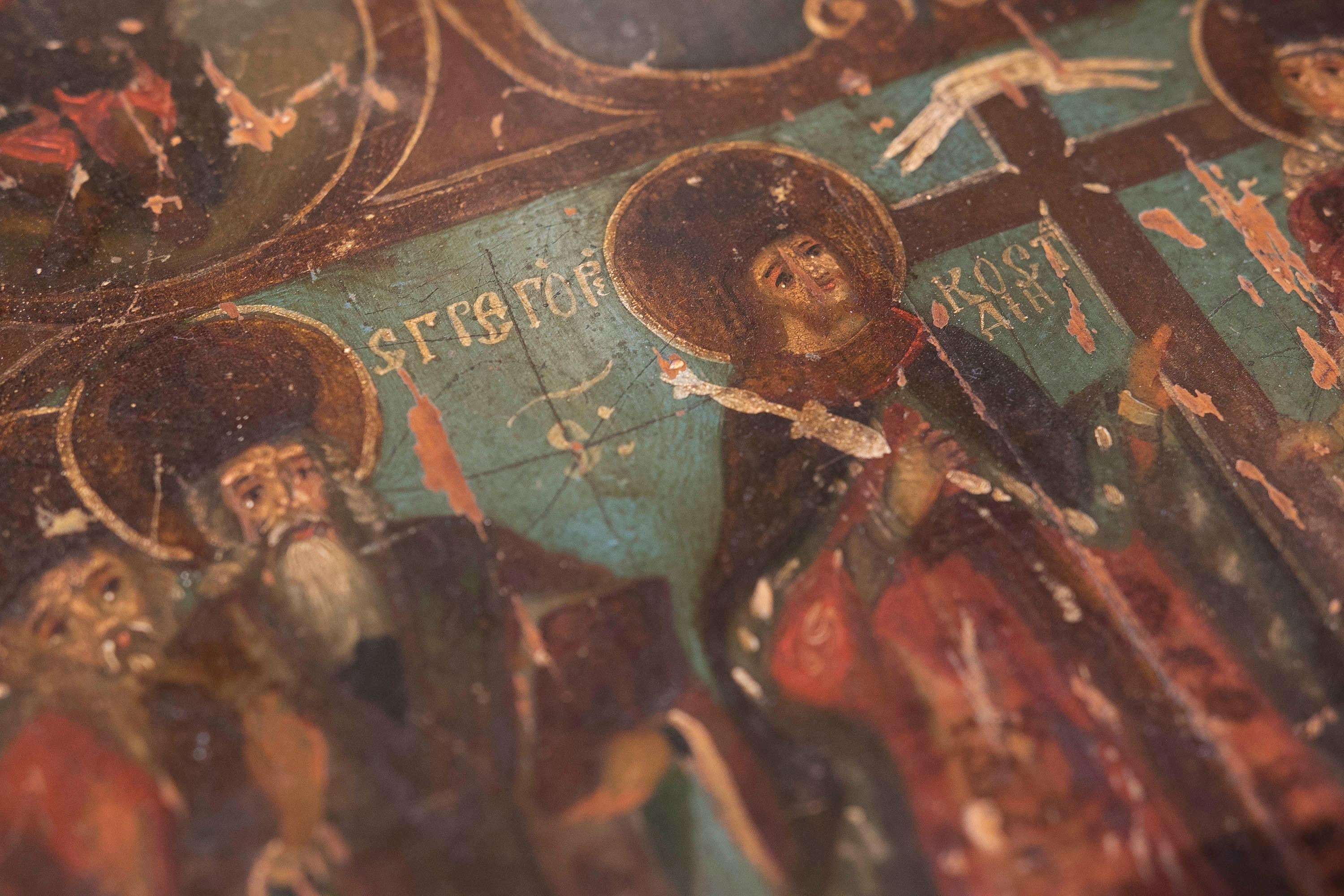 Icon russe peint sur bois avec des scènes religieuses russes en vente 12