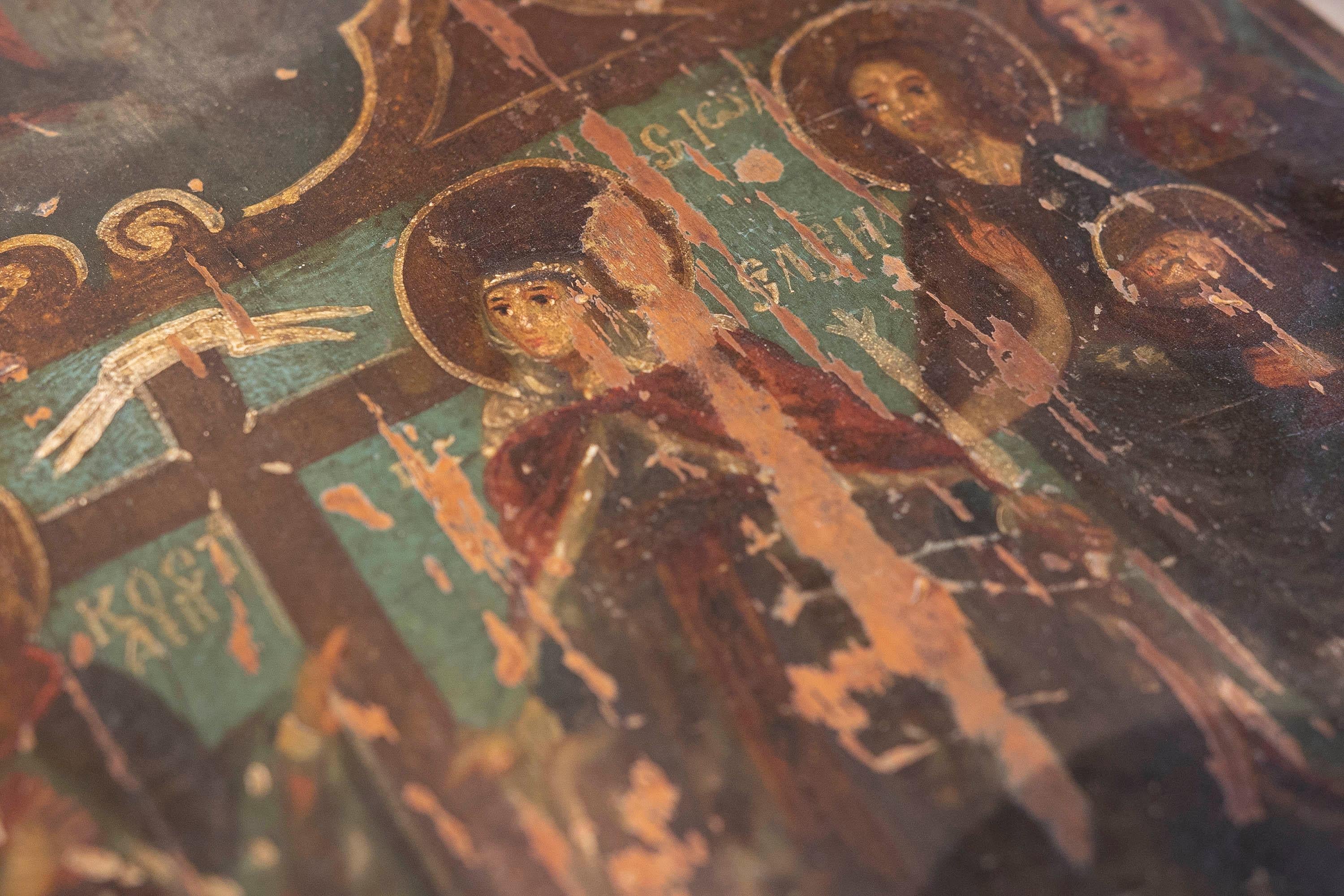 Icon russe peint sur bois avec des scènes religieuses russes en vente 13