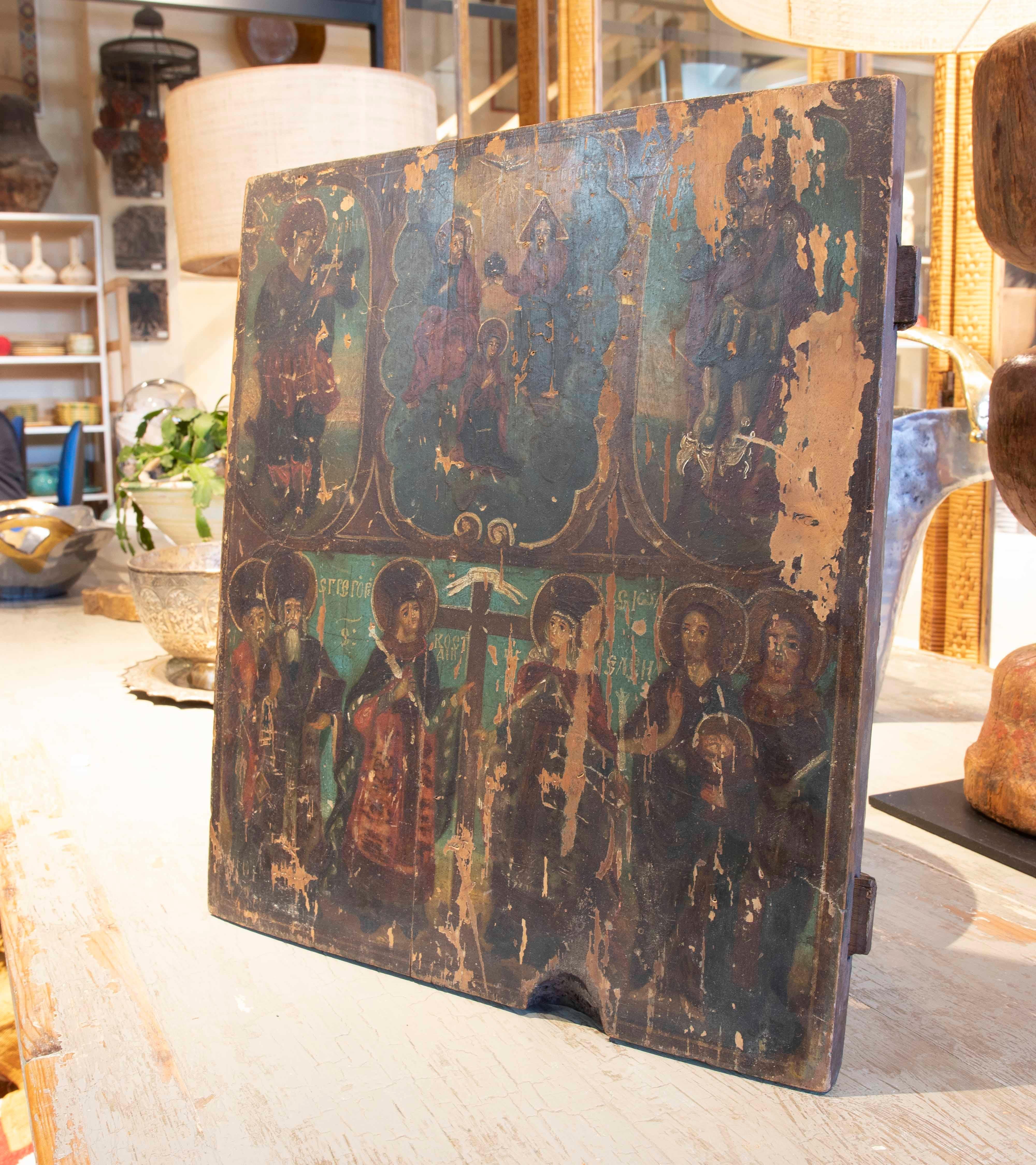 Russe Icon russe peint sur bois avec des scènes religieuses russes en vente