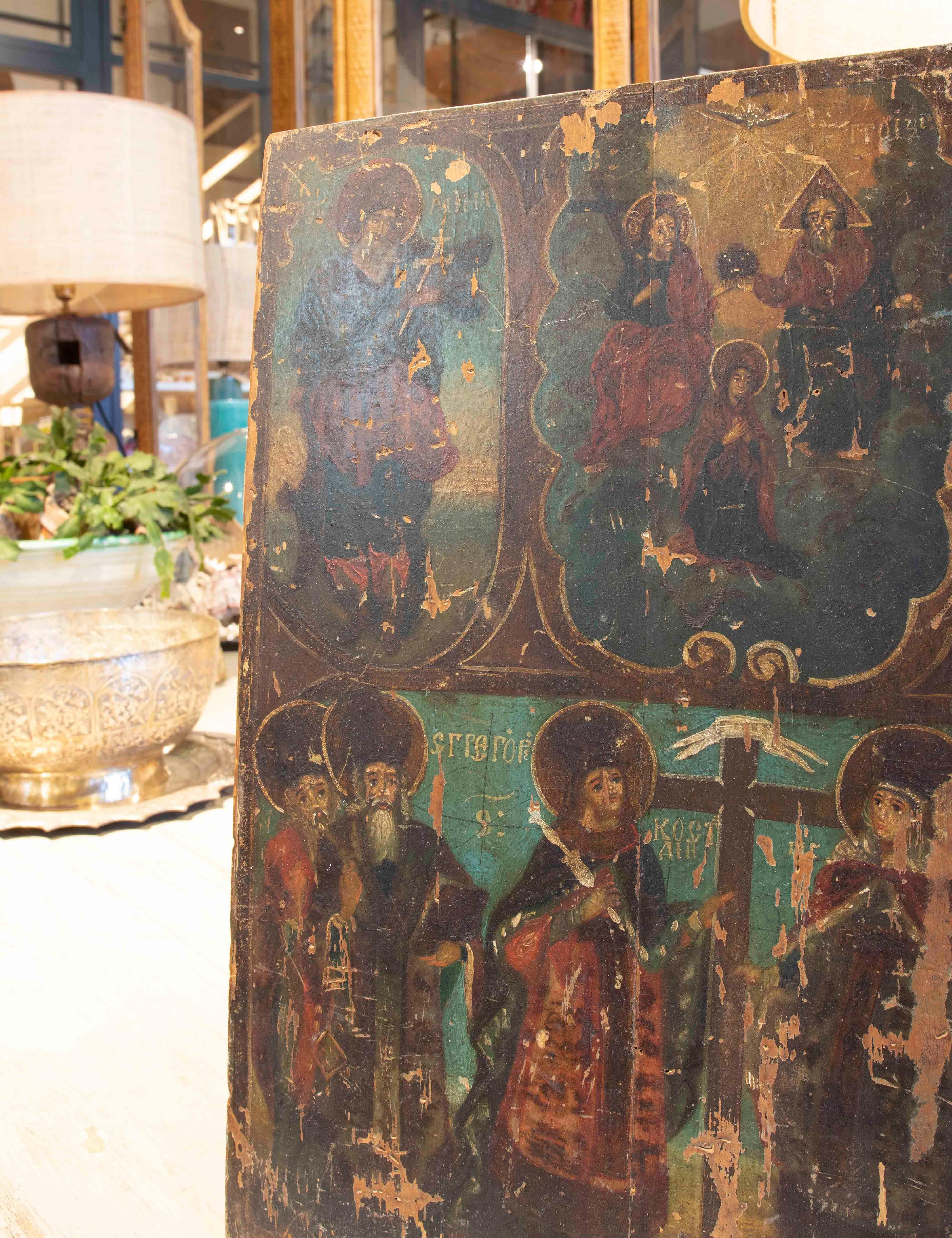 Hand-Painted Russian Icon Painted on Wood with Russian Religious Scenes For Sale