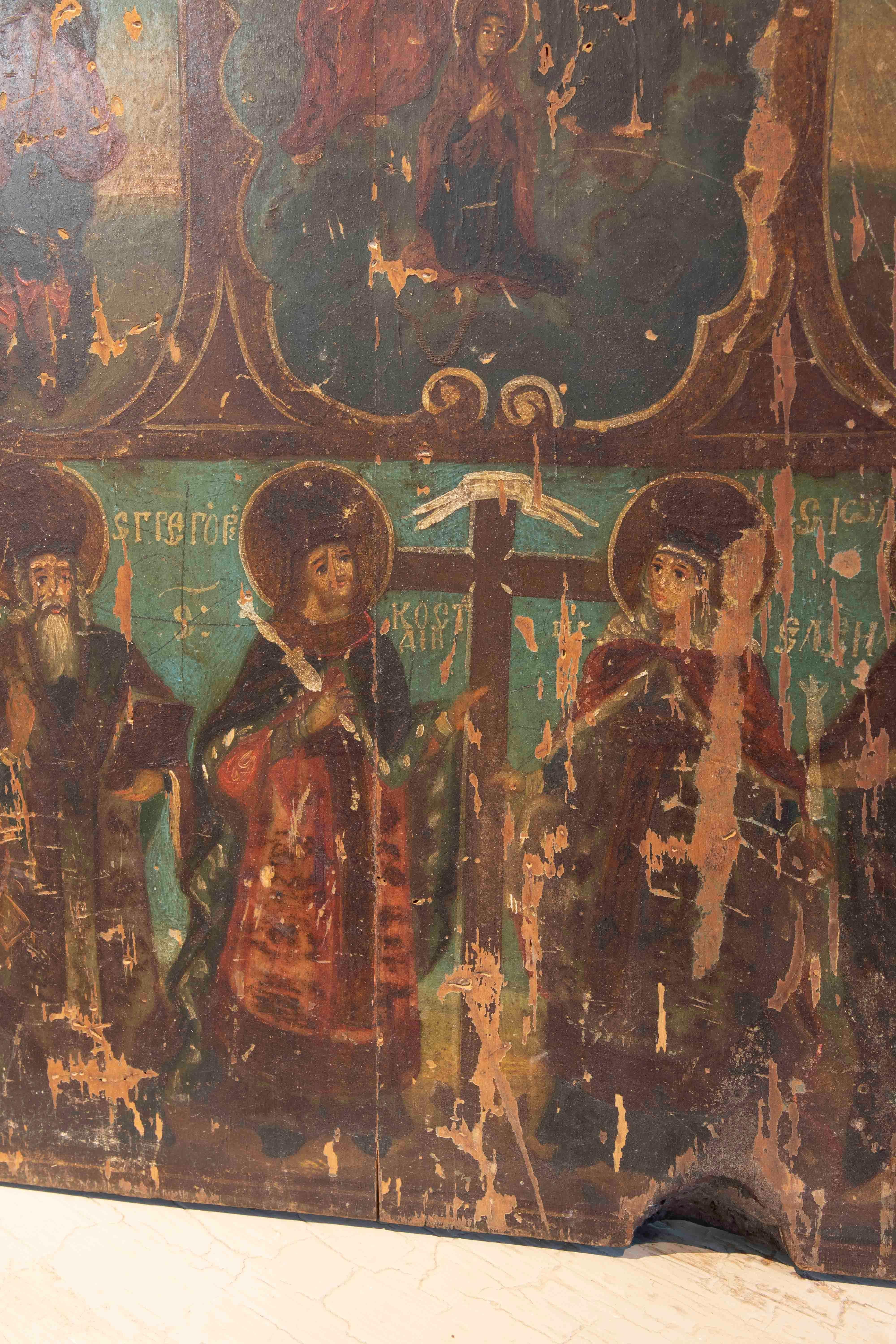 19th Century Russian Icon Painted on Wood with Russian Religious Scenes For Sale