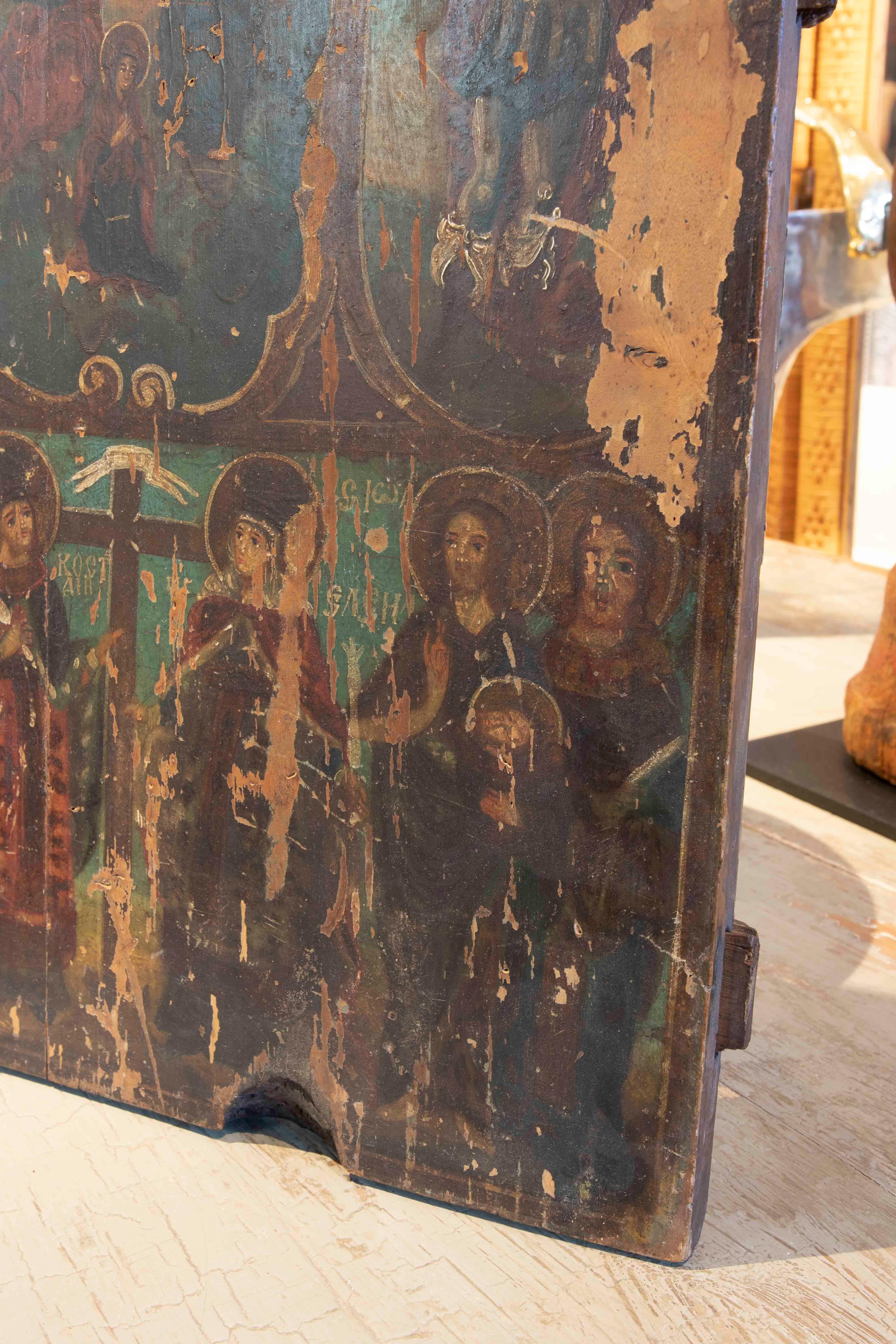 Bois Icon russe peint sur bois avec des scènes religieuses russes en vente