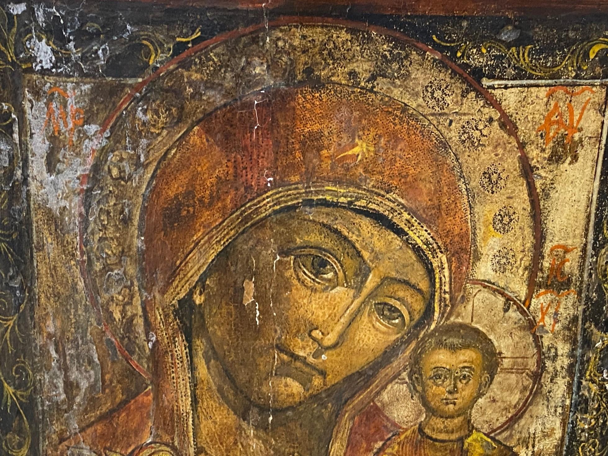 19th Century Russian Icon Painting Theotokos Vladimir Madonna Mother Mary Child Jesus Christ For Sale