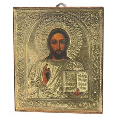 Russian Icon Portrait of Jesus Encased in Sterling Silver 20thC