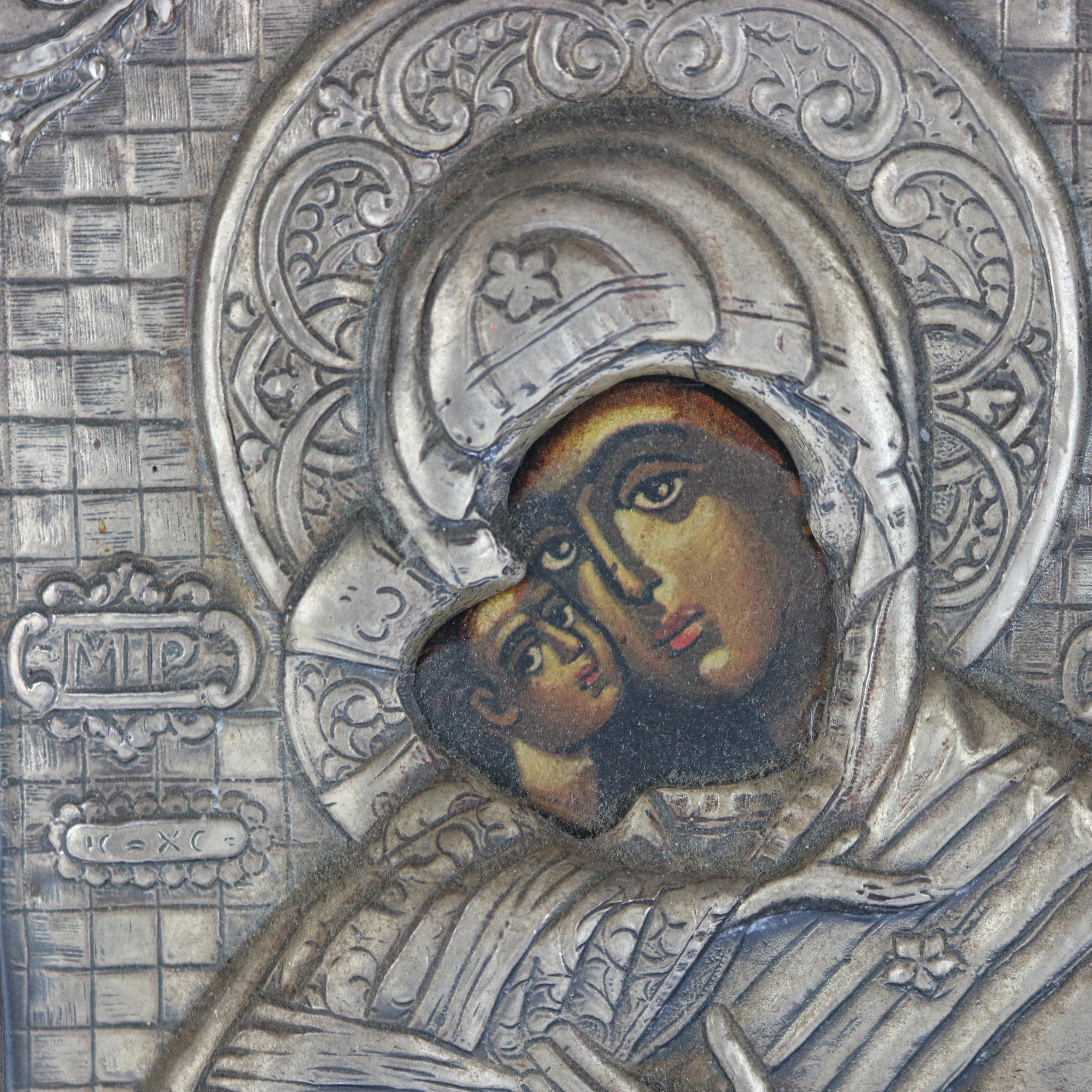 Russian Icon Portrait Of Mary And Baby Jesus Encased In Sterling Silver 20thC In Good Condition In Big Flats, NY