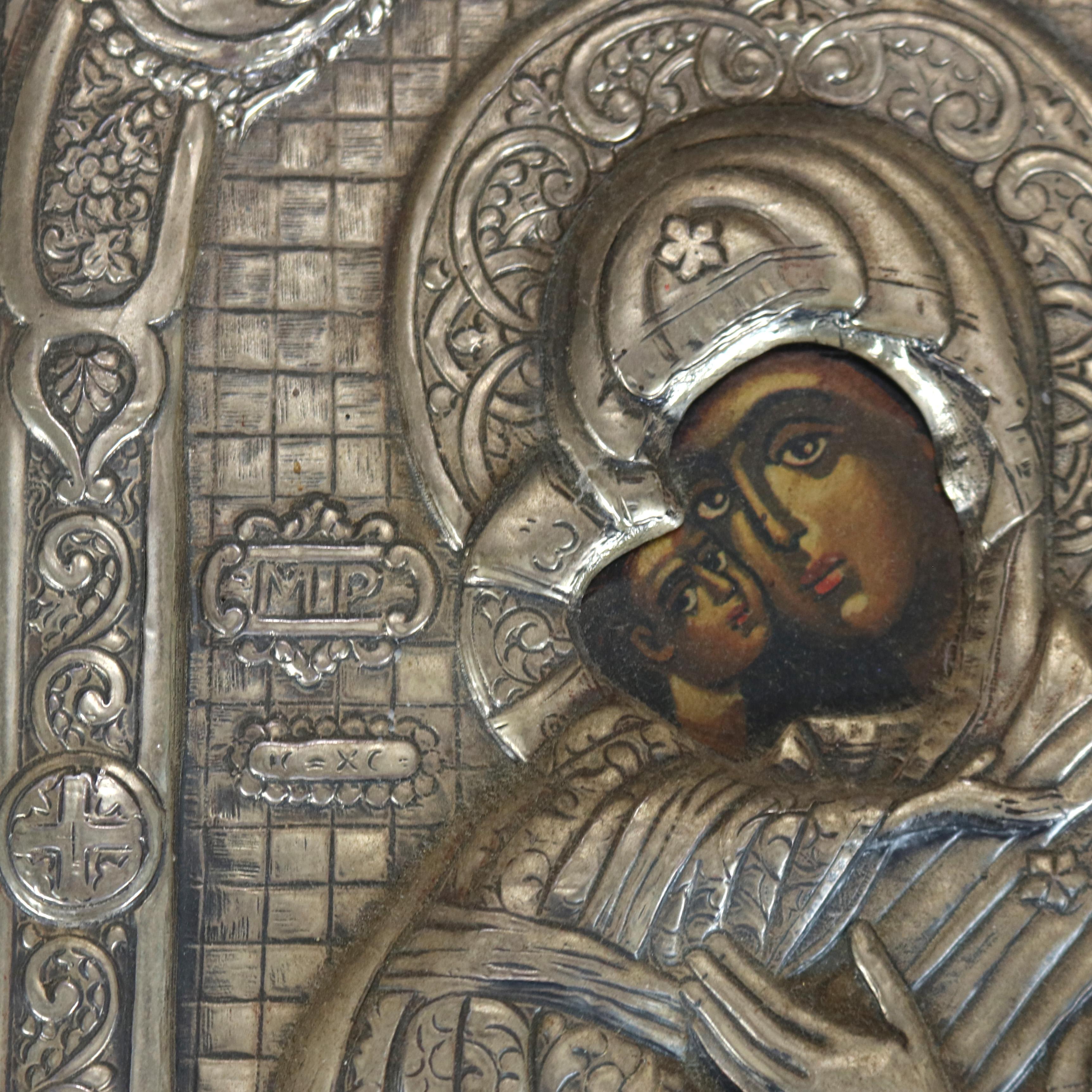 20th Century Russian Icon Portrait Of Mary And Baby Jesus Encased In Sterling Silver 20thC