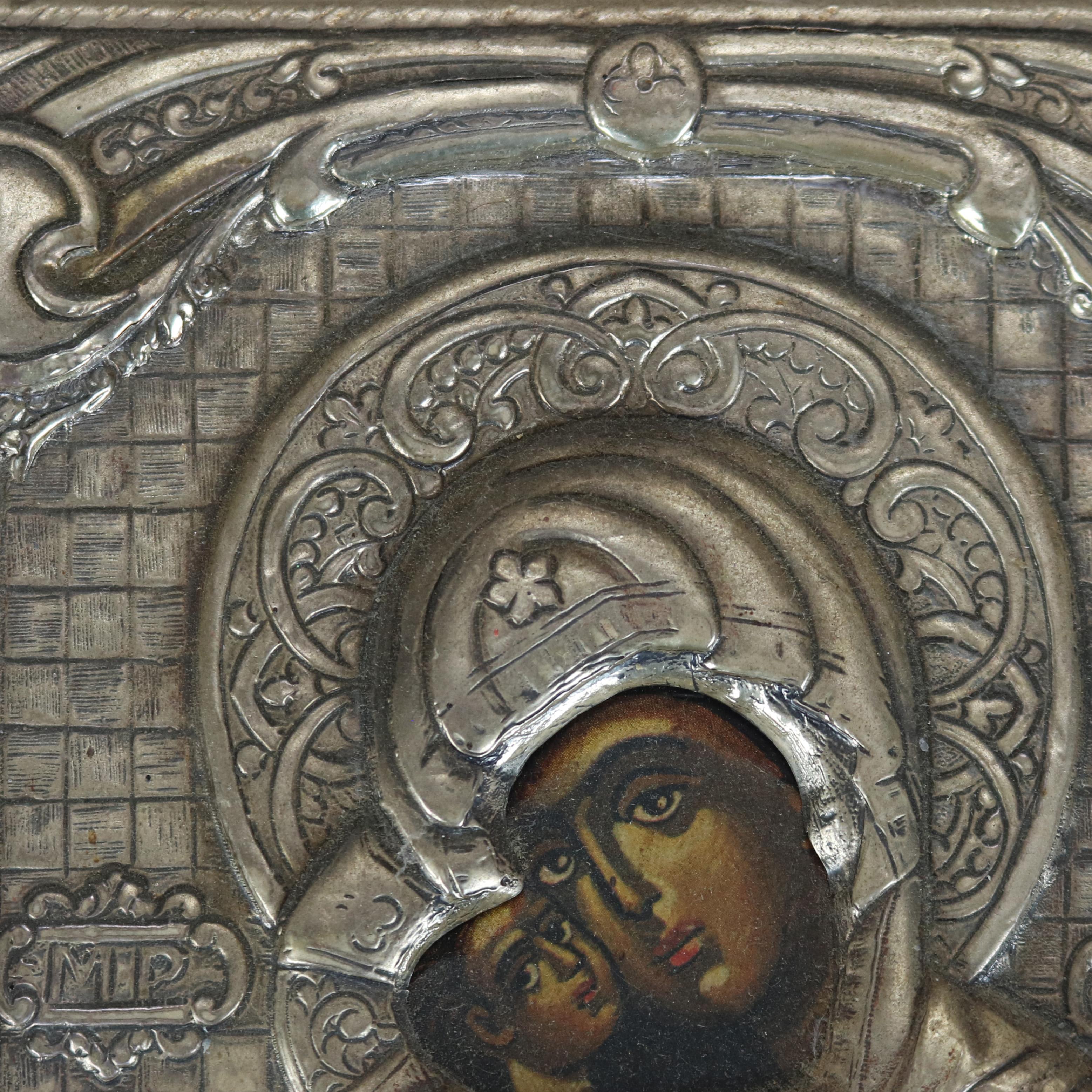 Russian Icon Portrait Of Mary And Baby Jesus Encased In Sterling Silver 20thC 1