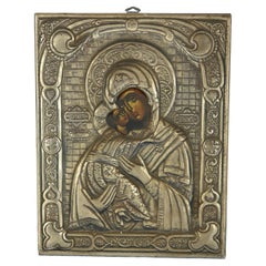Russian Icon Portrait Of Mary And Baby Jesus Encased In Sterling Silver 20thC