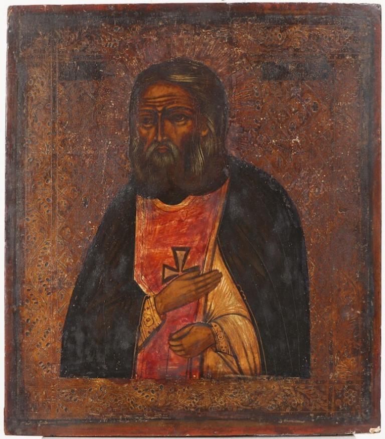 Hand-Painted Russian Icon with a Saint, Tempera on Wood, 19th Century For Sale