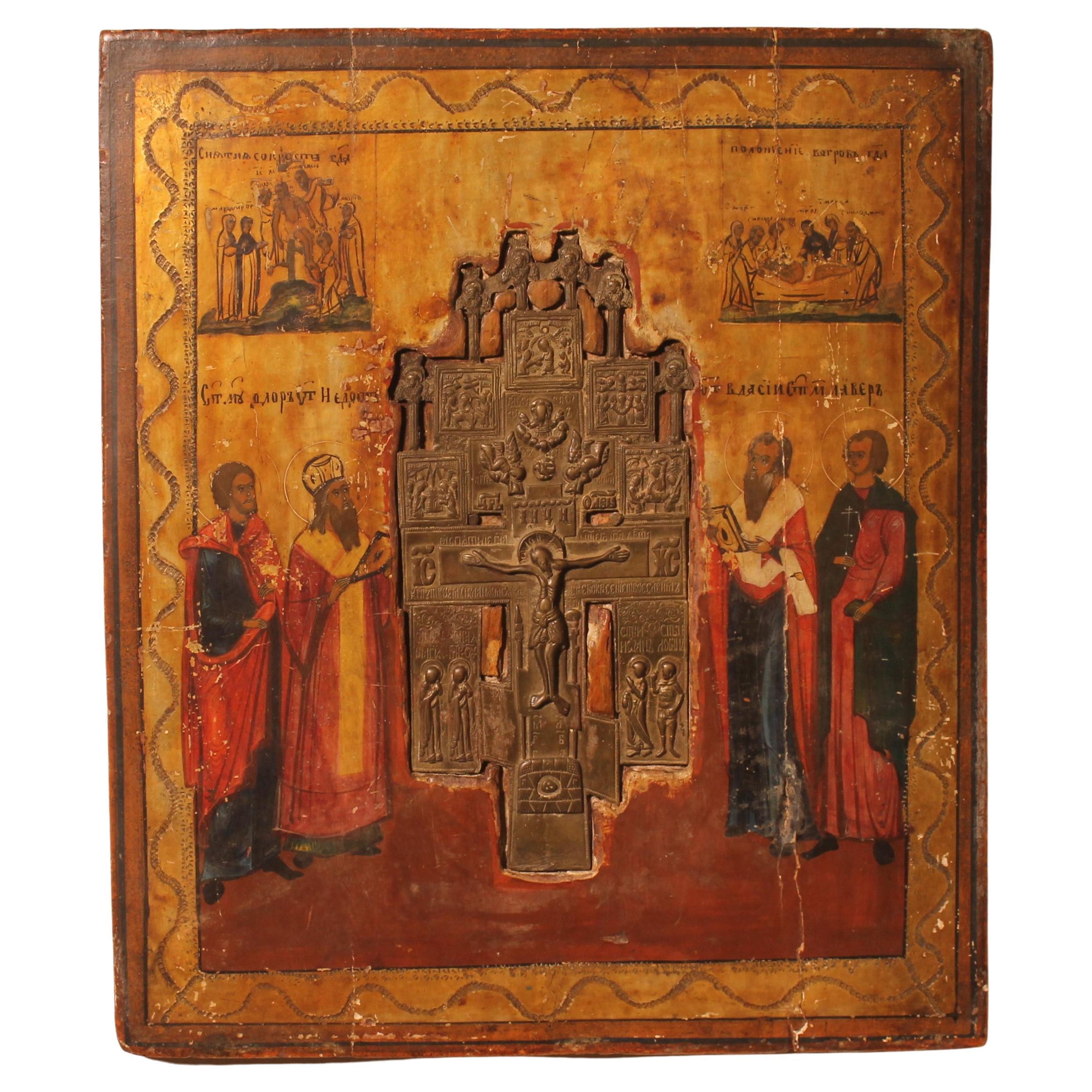 Russian Icon with Processional Cross 19th Century For Sale