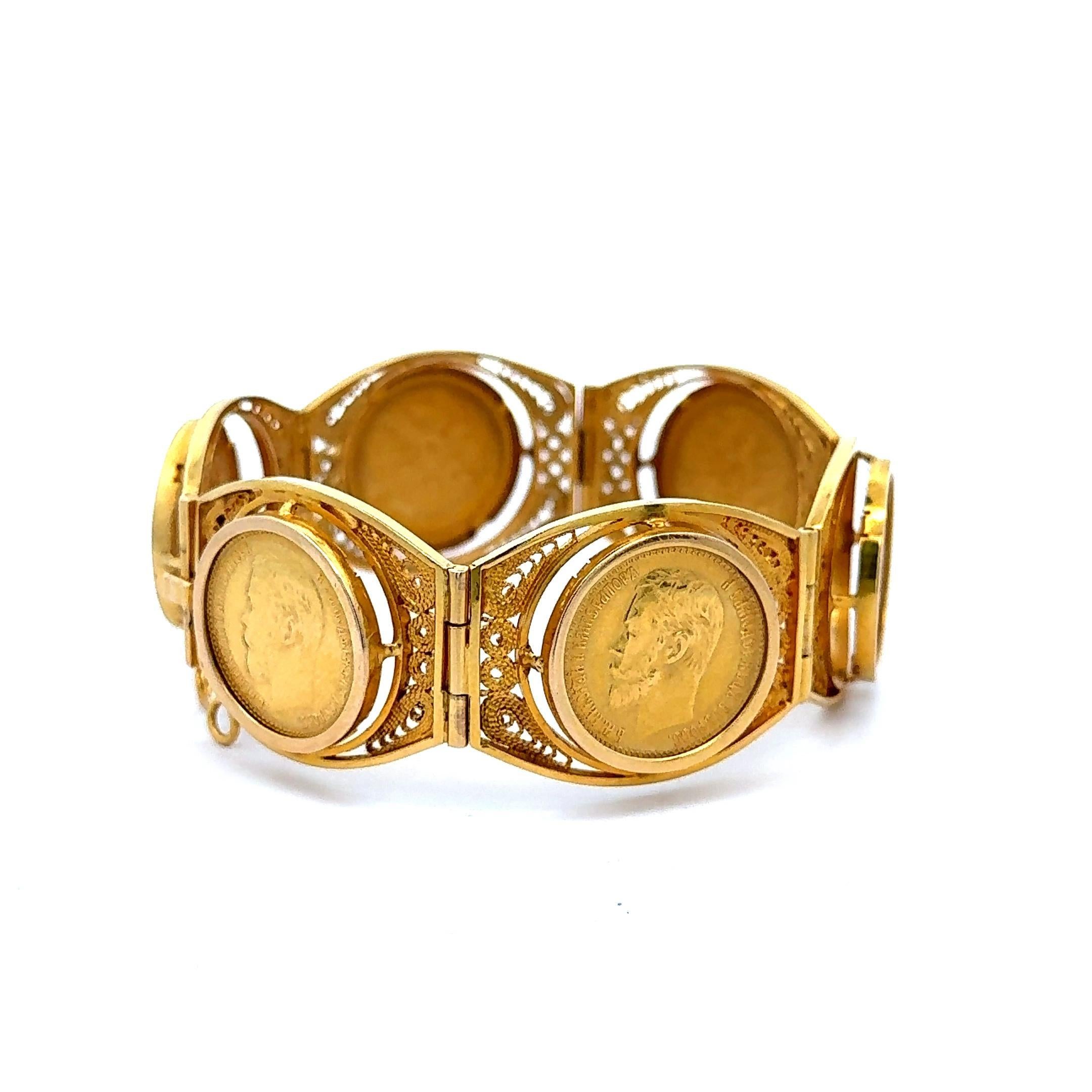 Bracelet en or 22K et 18K de pièces de monnaie russes de 10 roubles Nicolas II 1898 en vente 5